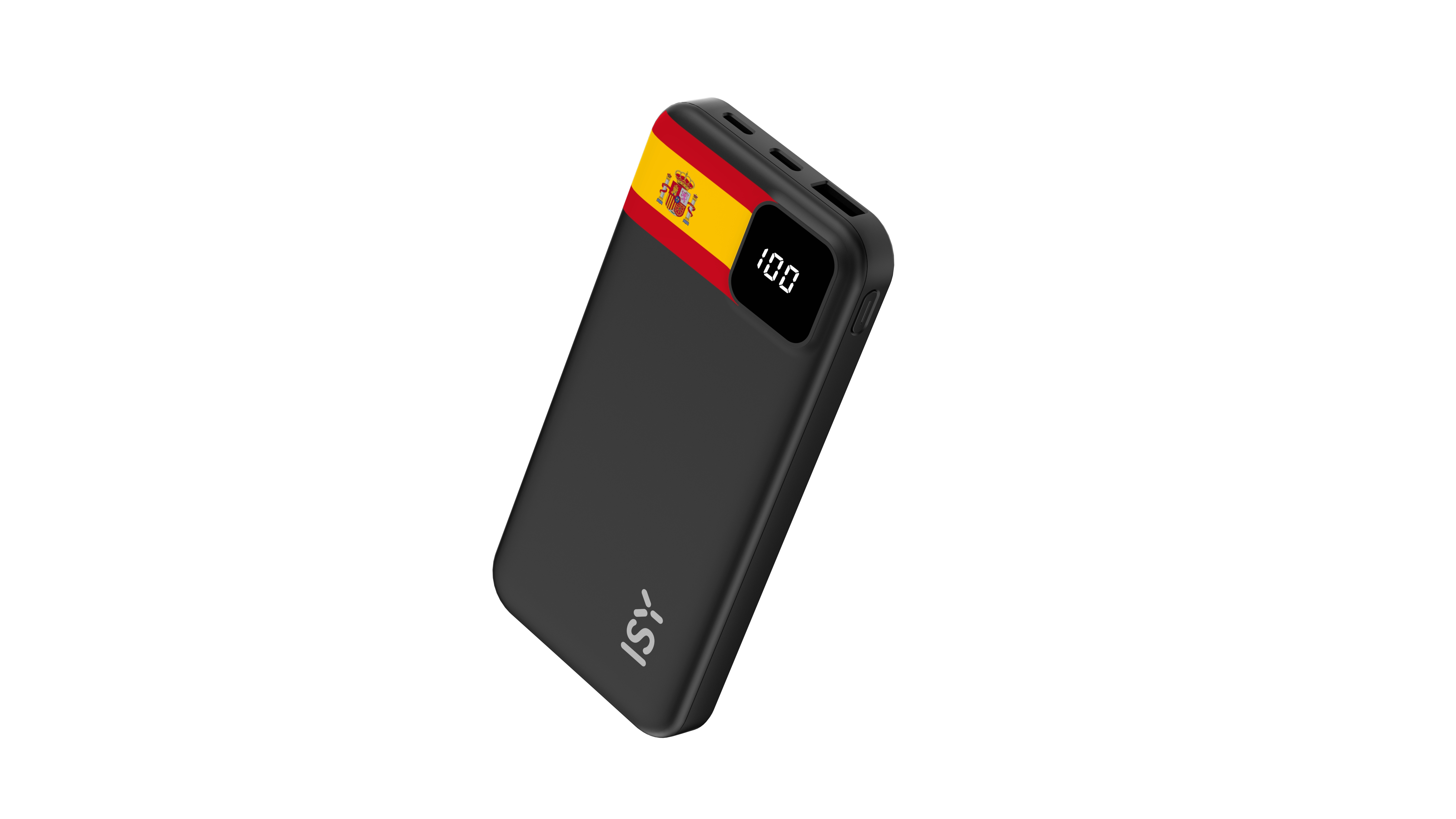 Schwarzes Powerbank mit spanischer Flagge und Ladeanzeige '100'.
