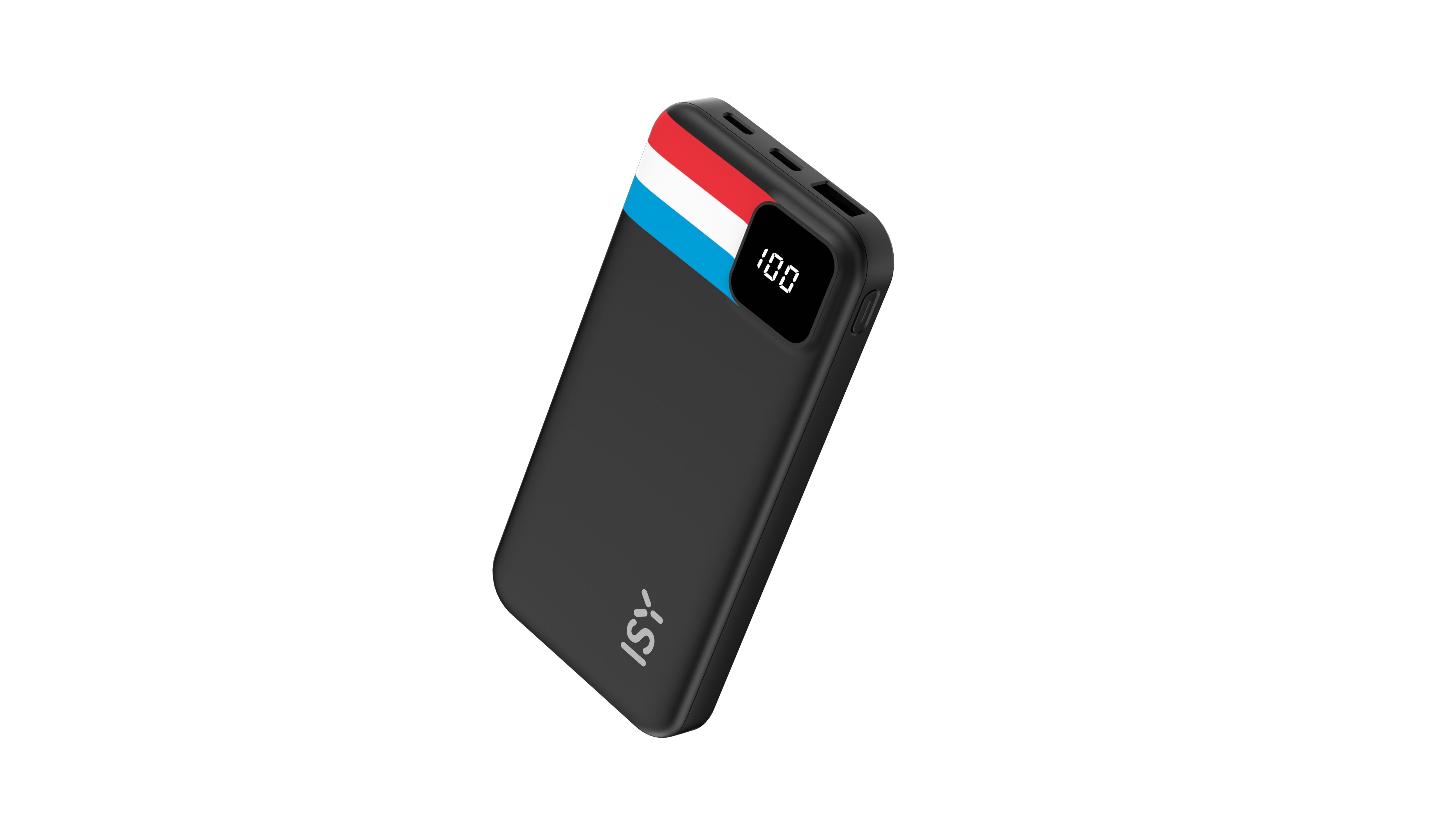 Schwarzes Powerbank mit roter, weißer und blauer Streifen und Digitalanzeige.