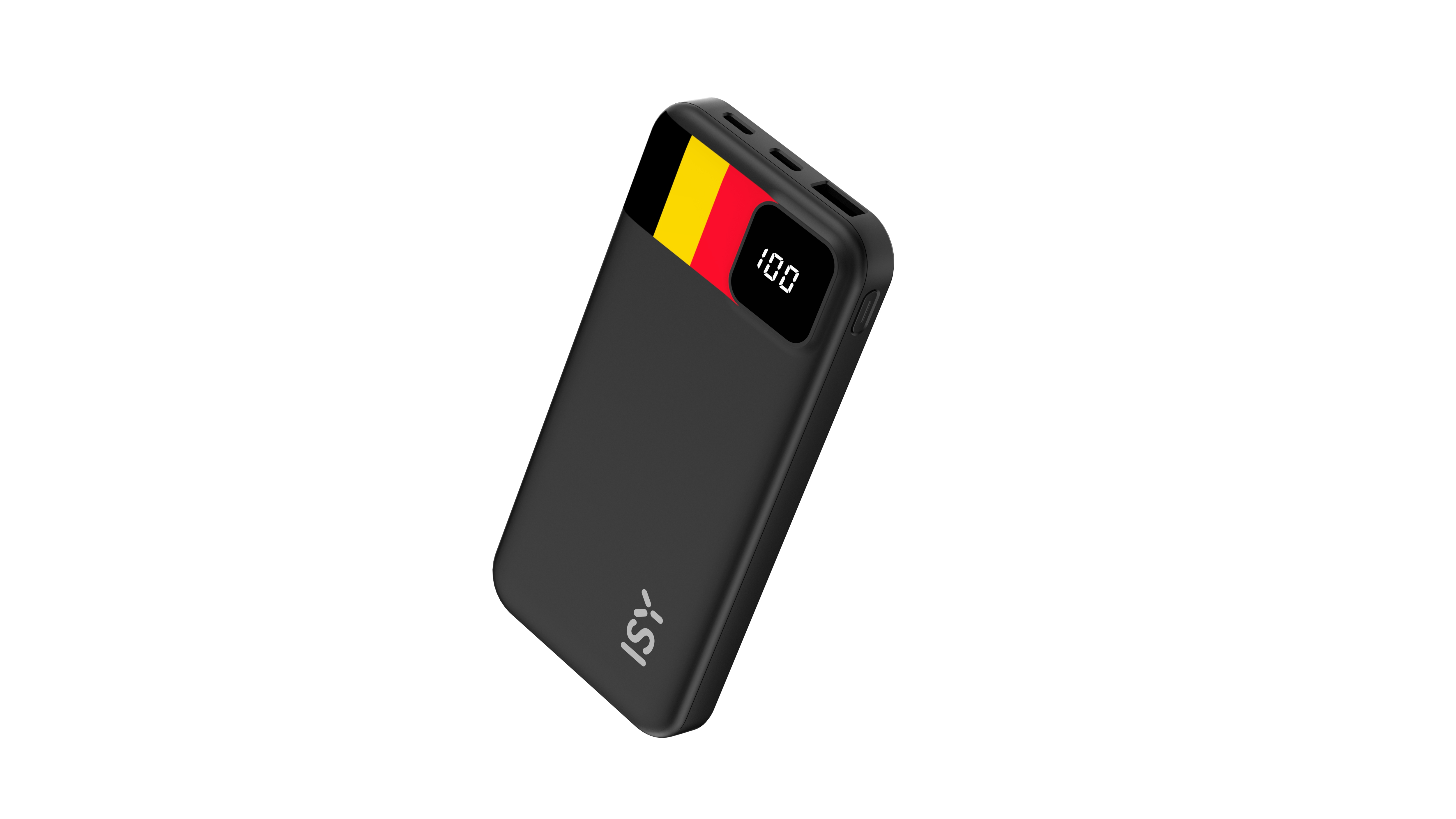 Schwarzes Powerbank mit Belgienflagge und 100% Anzeige.