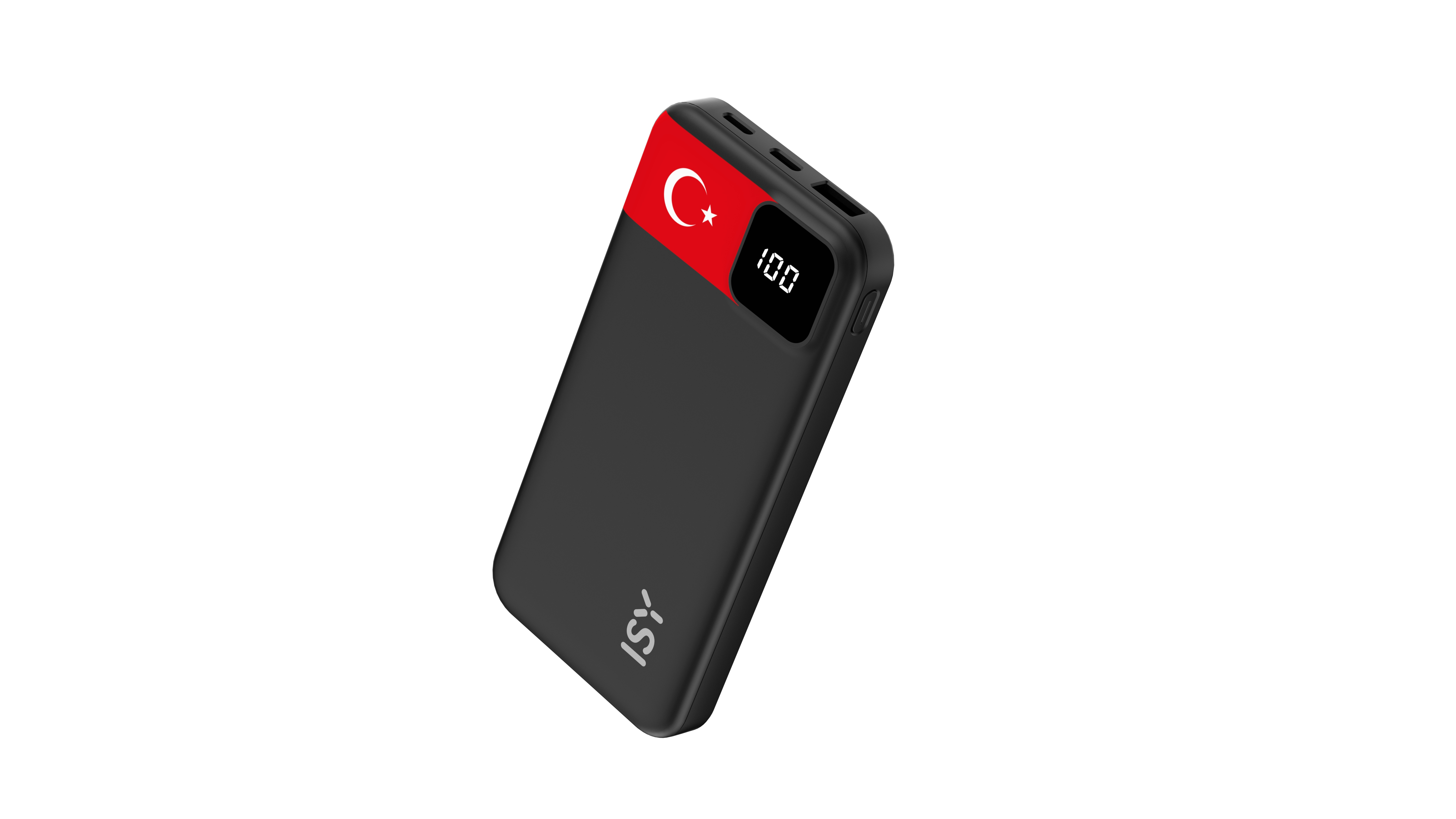 Schwarzes Powerbank mit türkischer Flagge und digitaler Anzeige, die 100 anzeigt.