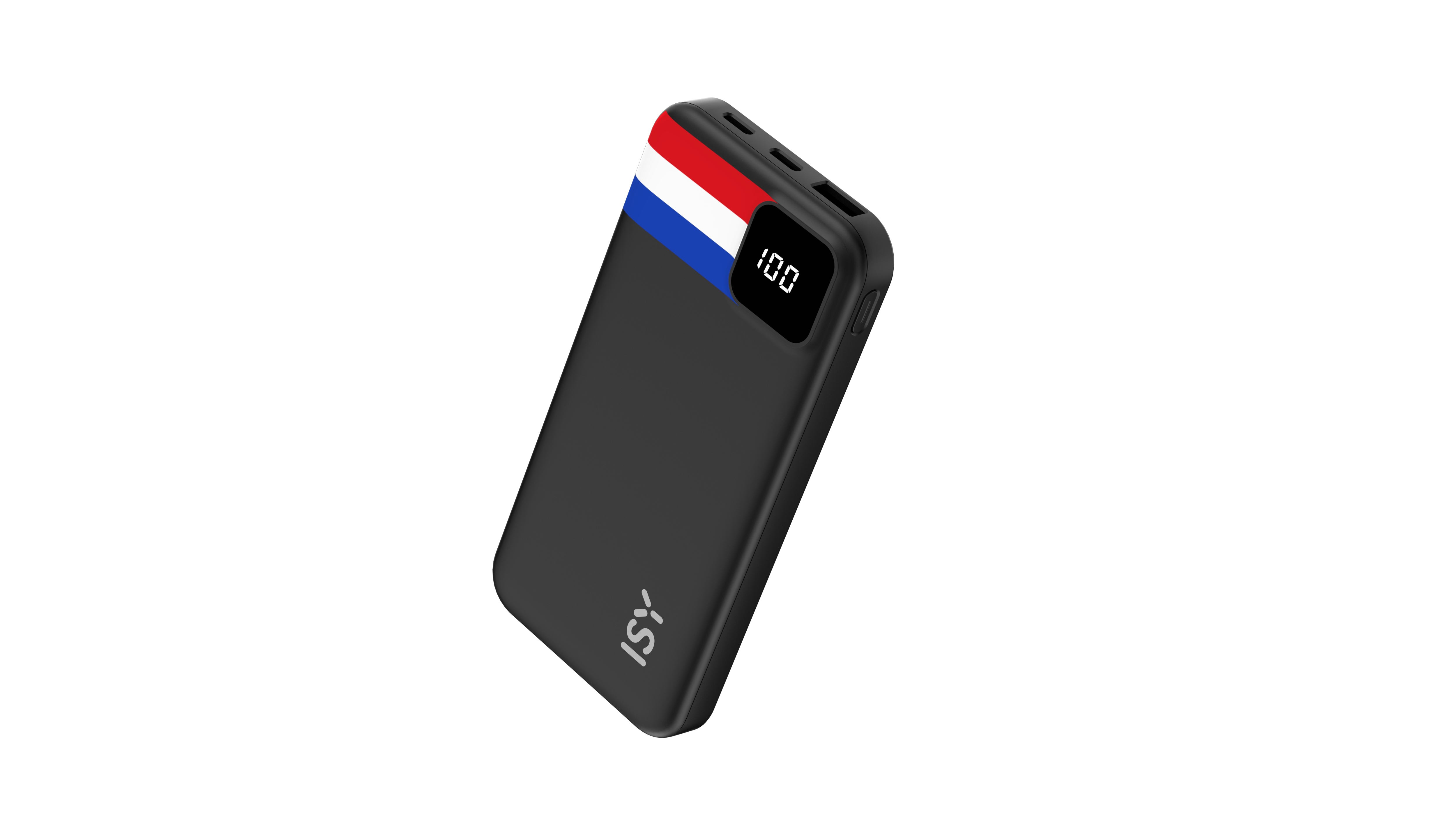 Schwarzer Powerbank mit digitaler Anzeige und Flaggenstreifen rot, weiß, blau.