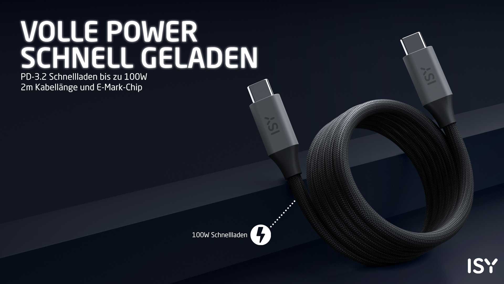 Schwarzes USB-C Kabel mit ISY-Logo, 100W Schnellladen.