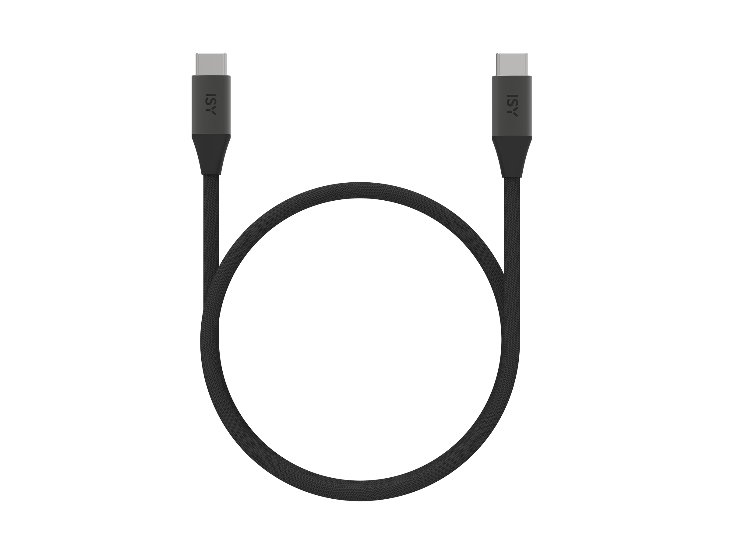 Czarny kabel USB-C z szarym złączem i logo ISY, na białym tle.
