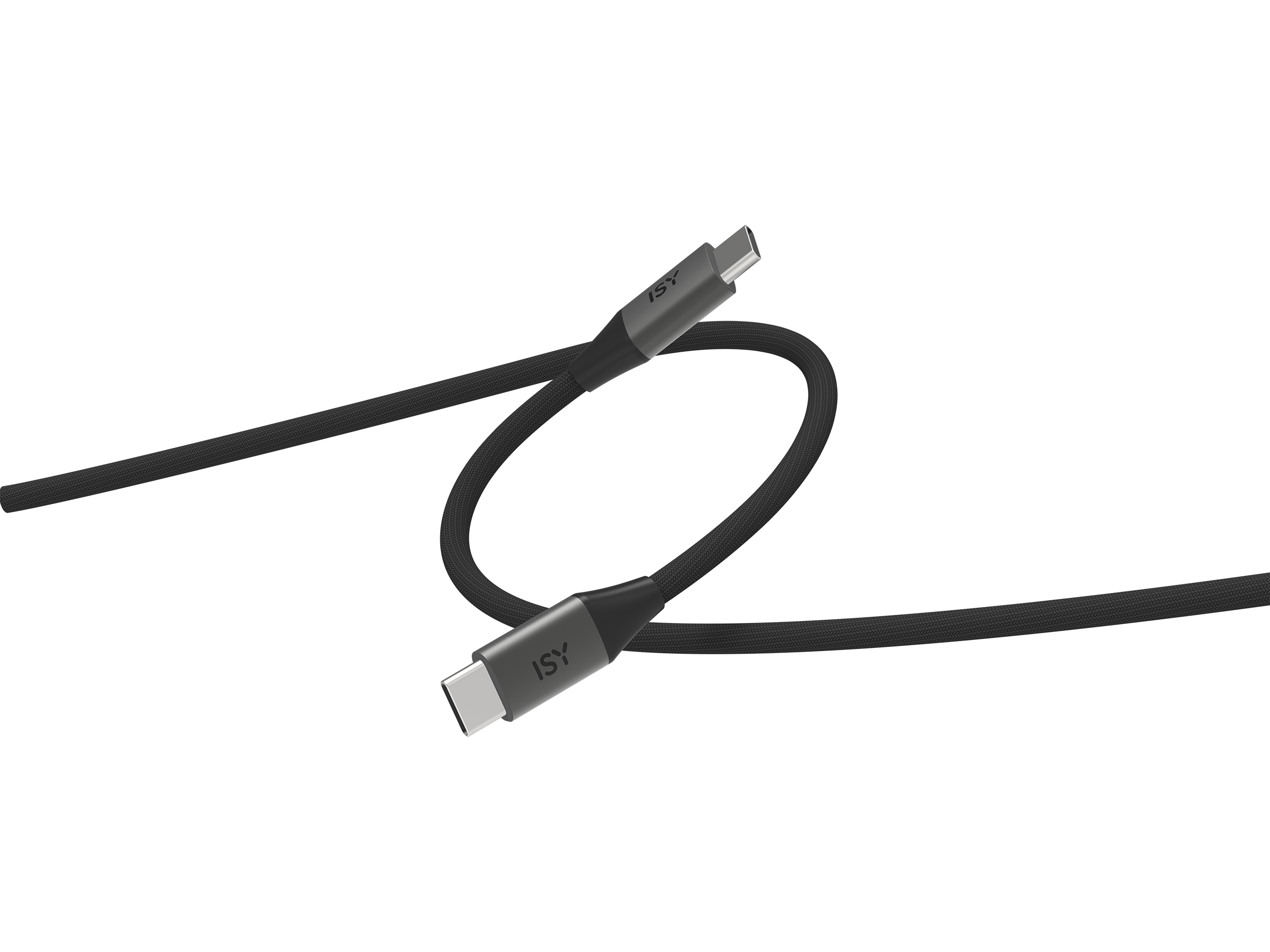Czarny kabel USB-C ze srebrnymi złączami i logo ISY.