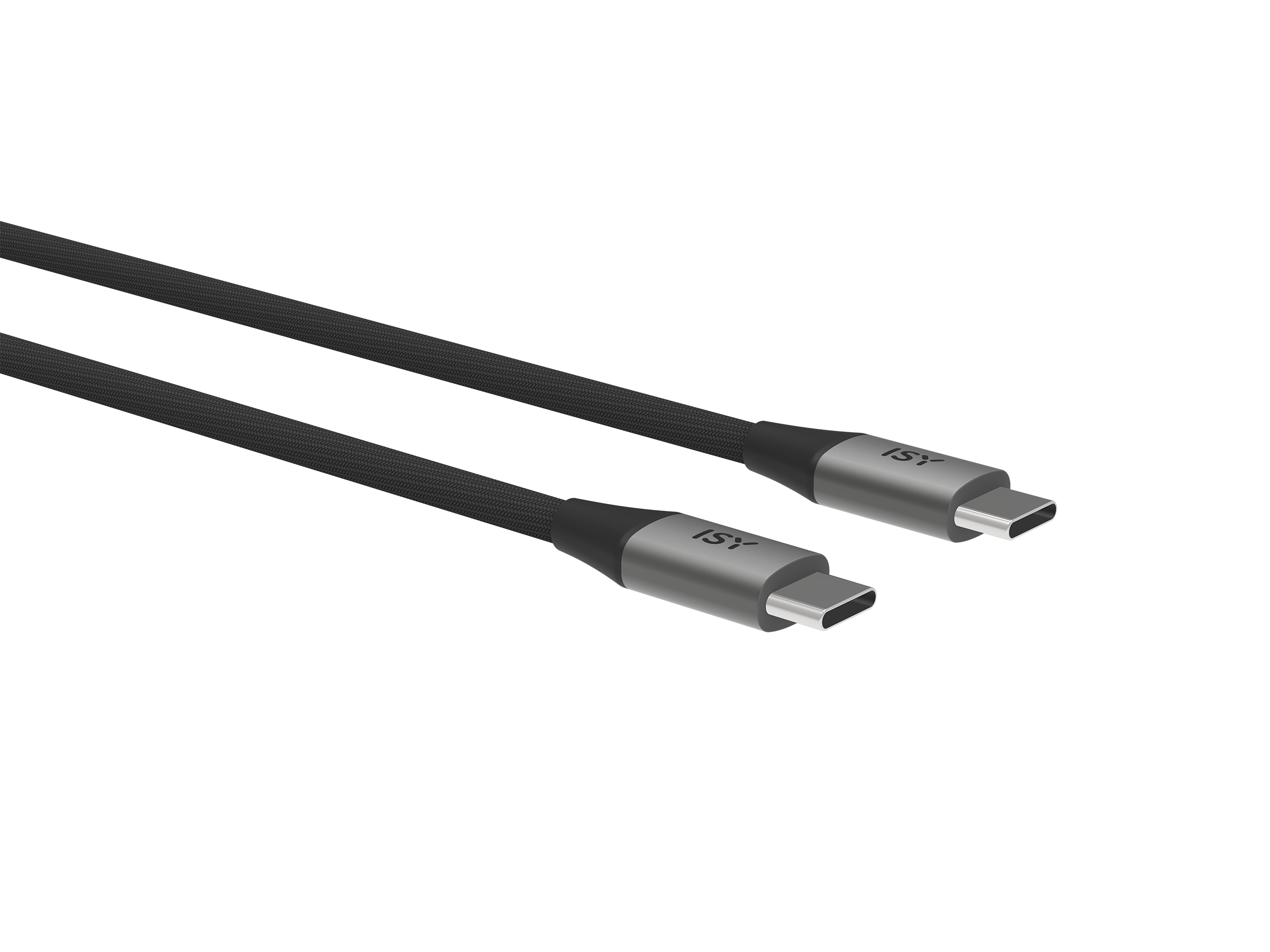 Dwa czarne kable USB-C ze srebrnymi złączami leżą obok siebie.