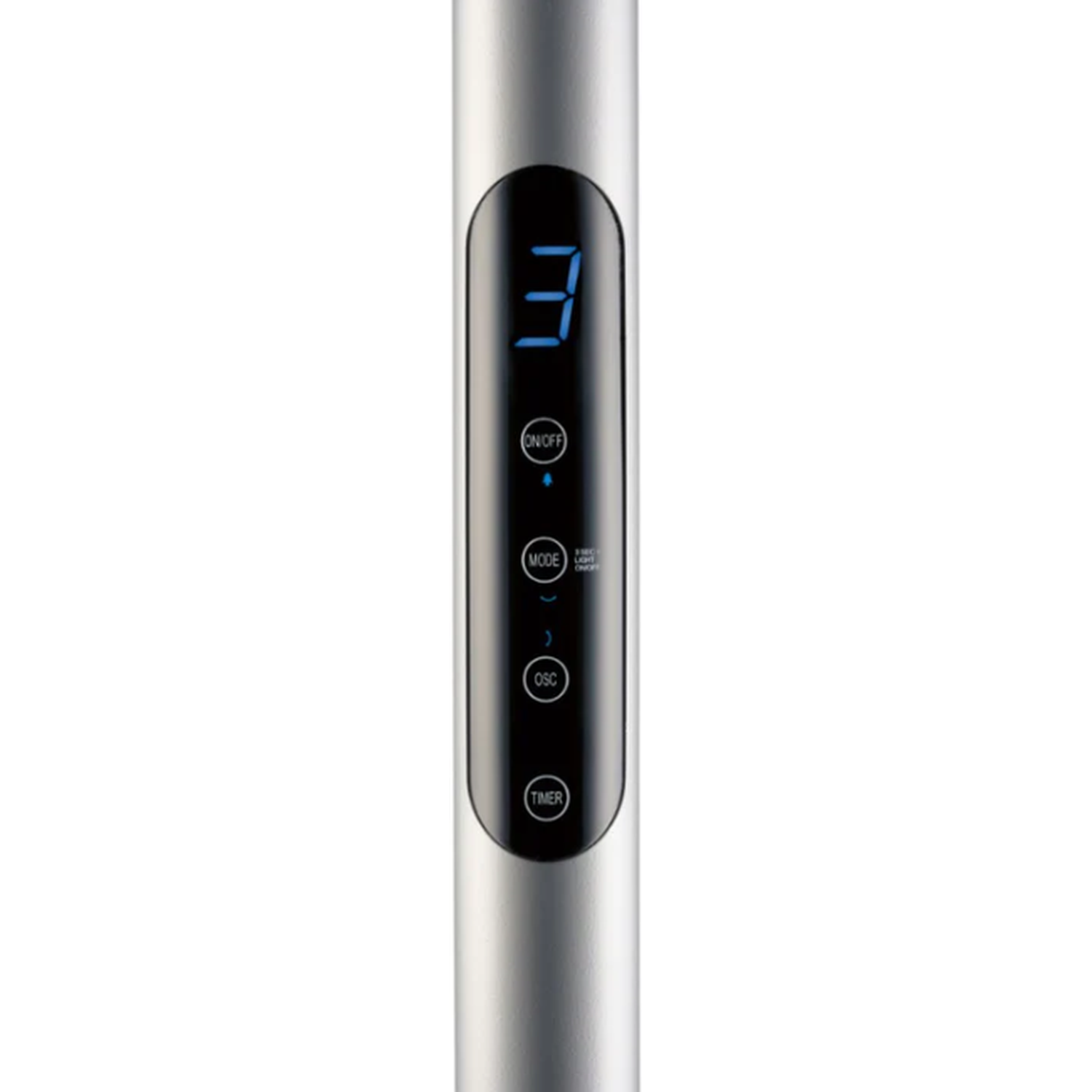 A silver stand with a digital display showing the number 3.