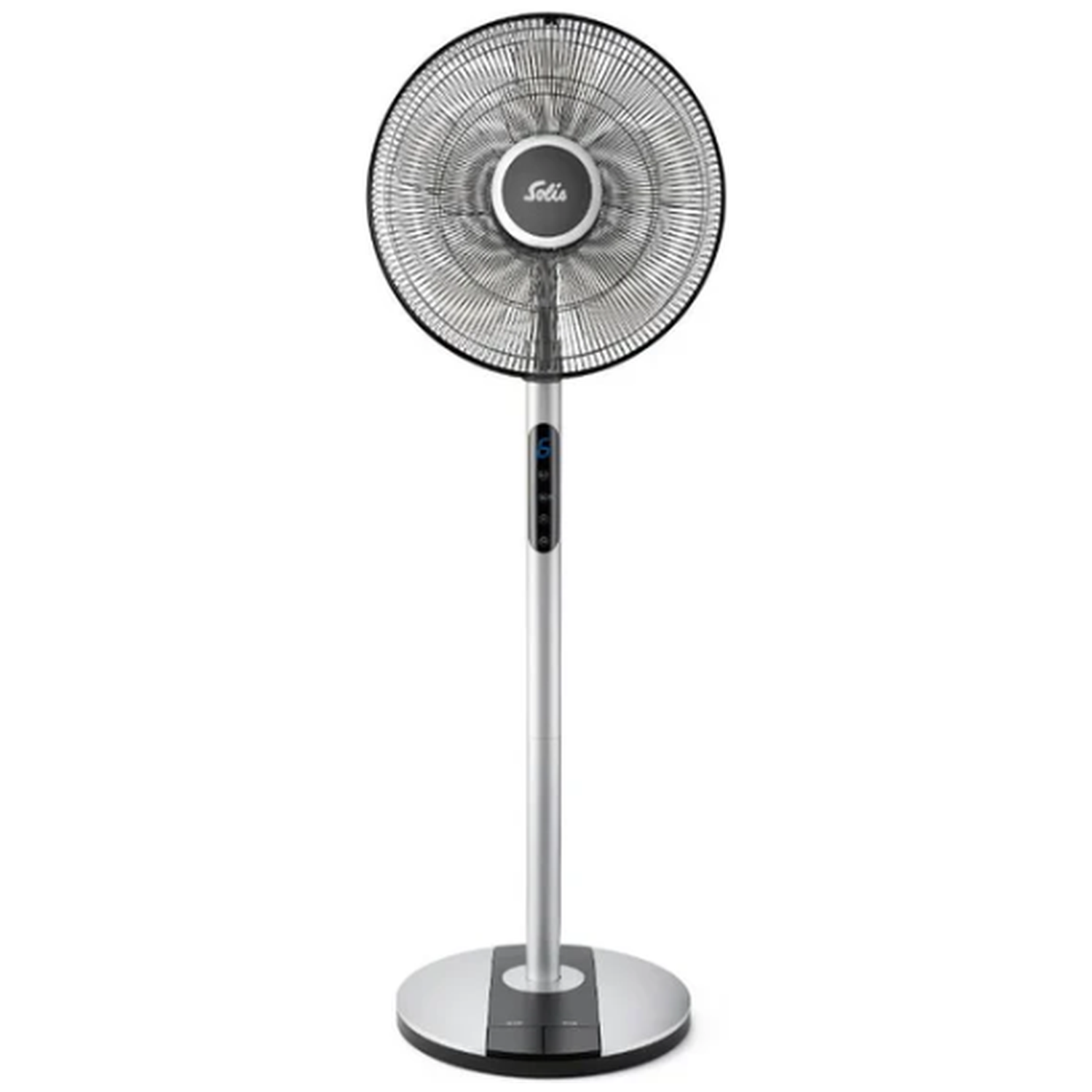 A silver pedestal fan with a black grille and a blue display.