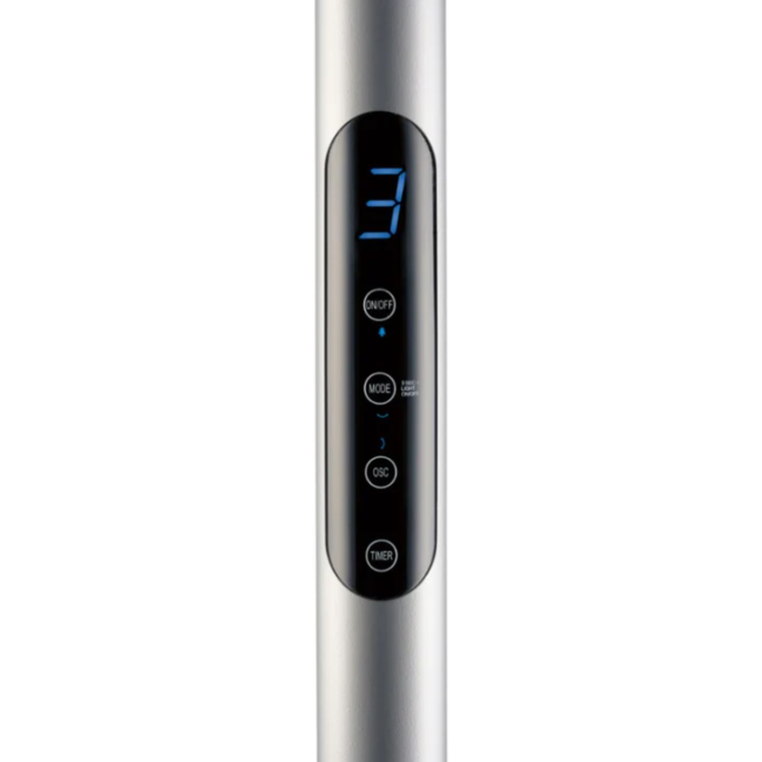A silver fan with digital controls and a blue display showing the number 3.