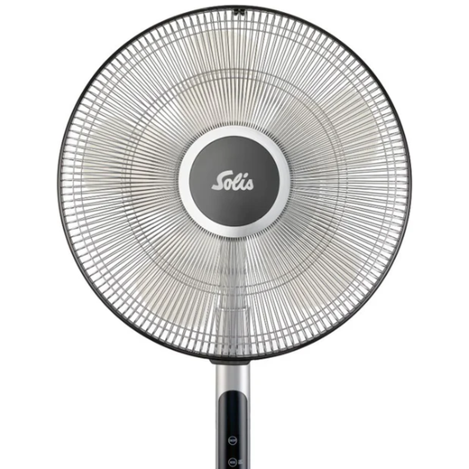A silver standing fan with a black frame and Solis logo.