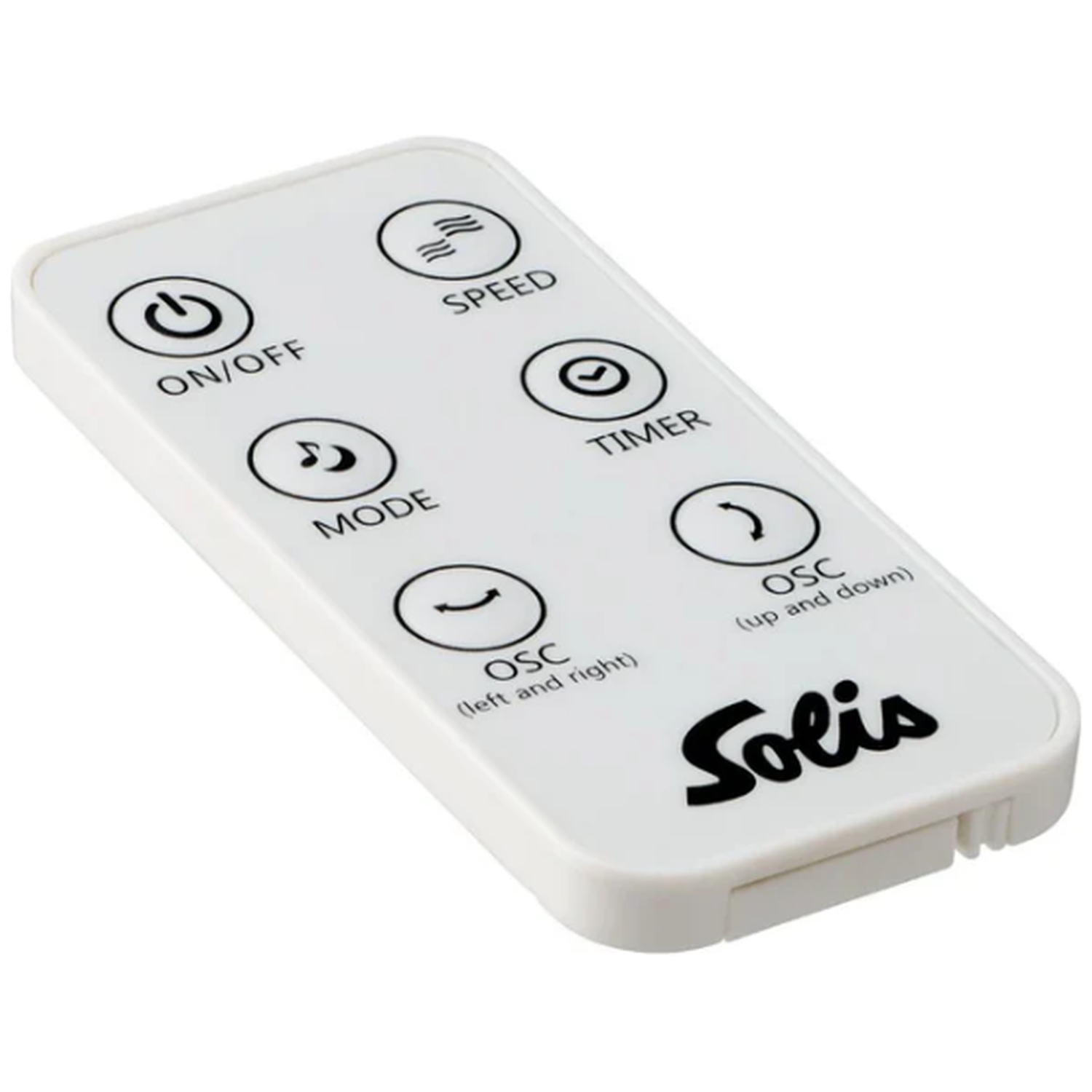 White remote control with icons for on/off, mode, speed, timer, and oscillation.