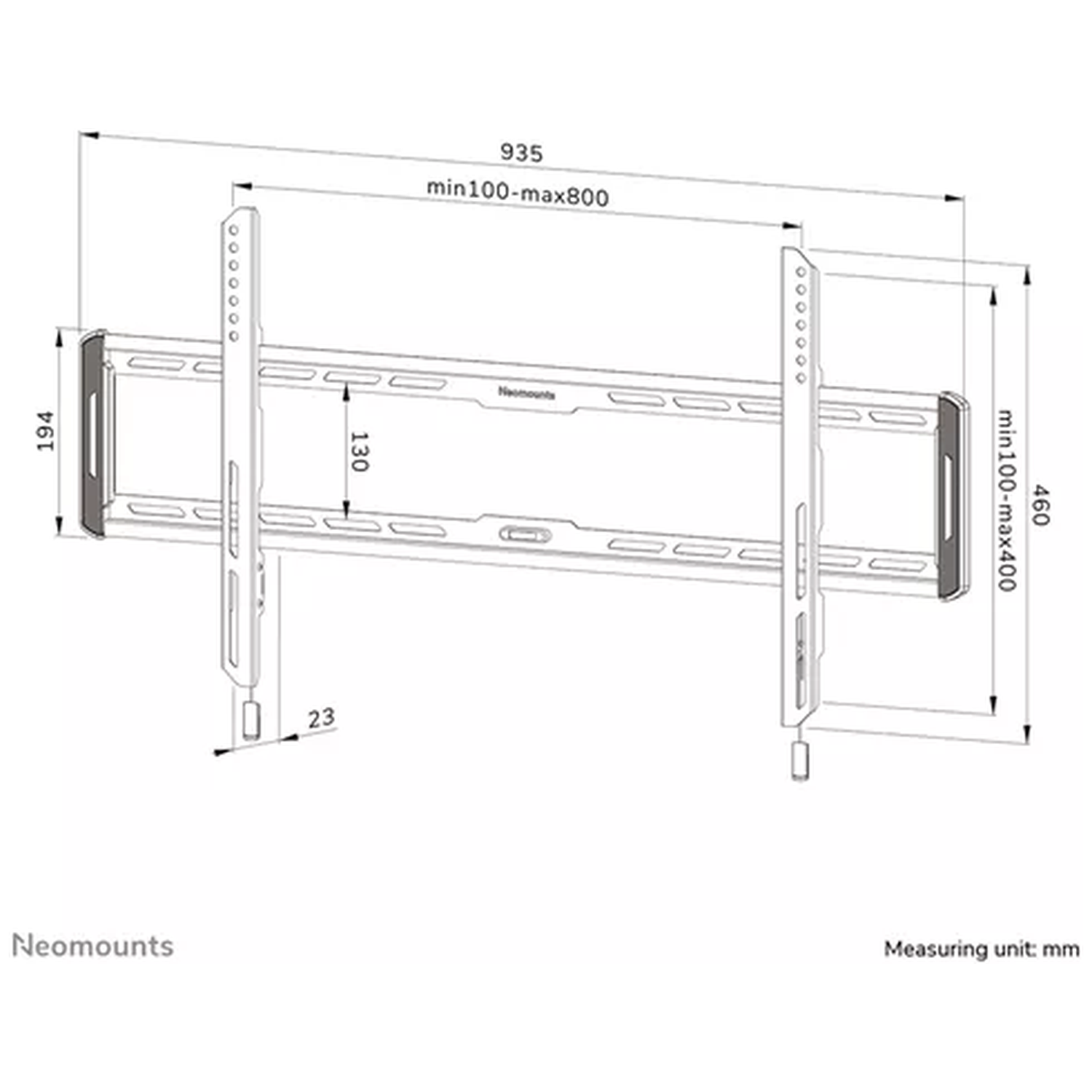 Technische tekening van een tv-muurbeugel met afmetingen.