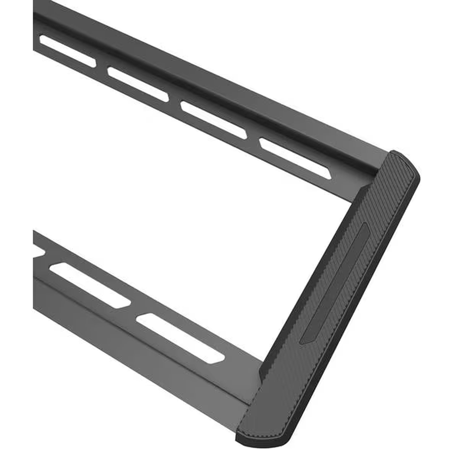 Een zwarte metalen standaard met sleuven en een rubberen oppervlak.
