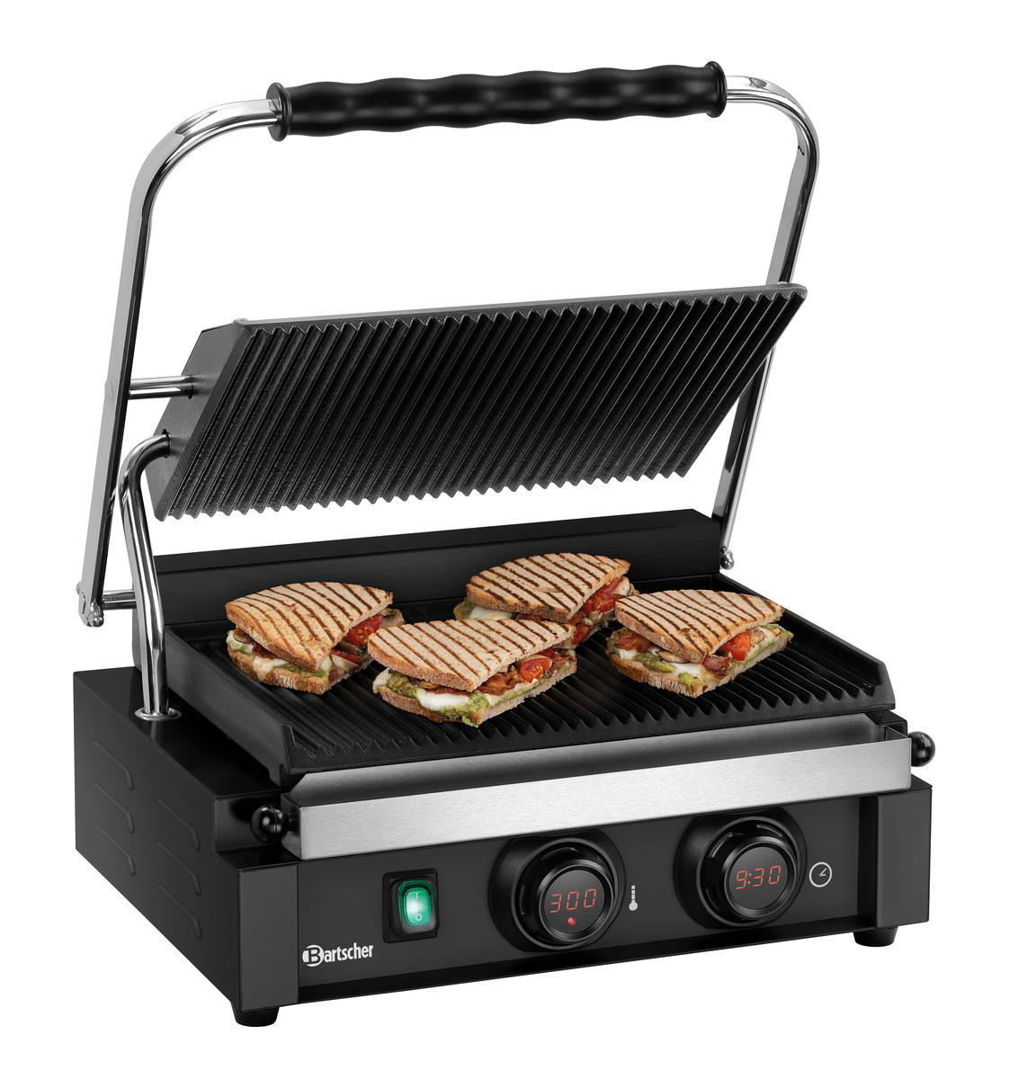 Ein offener Kontaktgrill mit vier gegrillten Sandwiches.