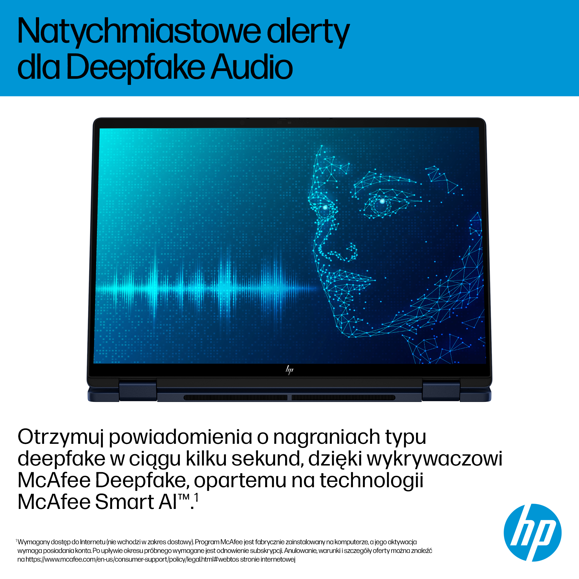 Laptop wyświetla abstrakcyjną twarz z linii i grafikę audio fali dźwiękowej.