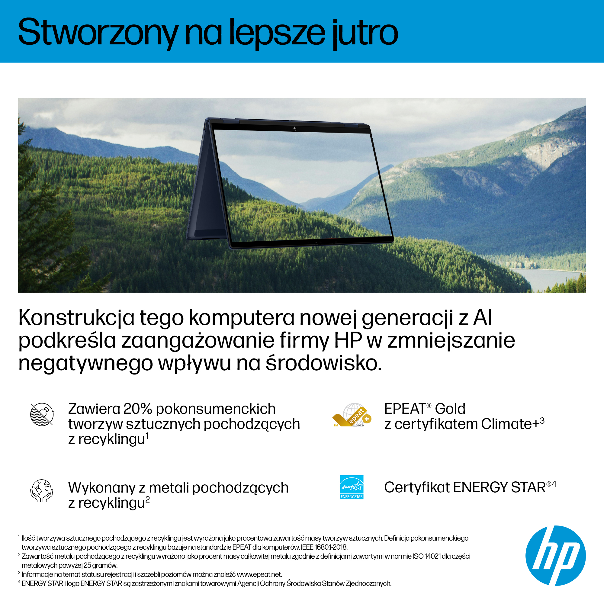 Laptop z panoramą gór i lasów na ekranie, na tle krajobrazu górskiego.