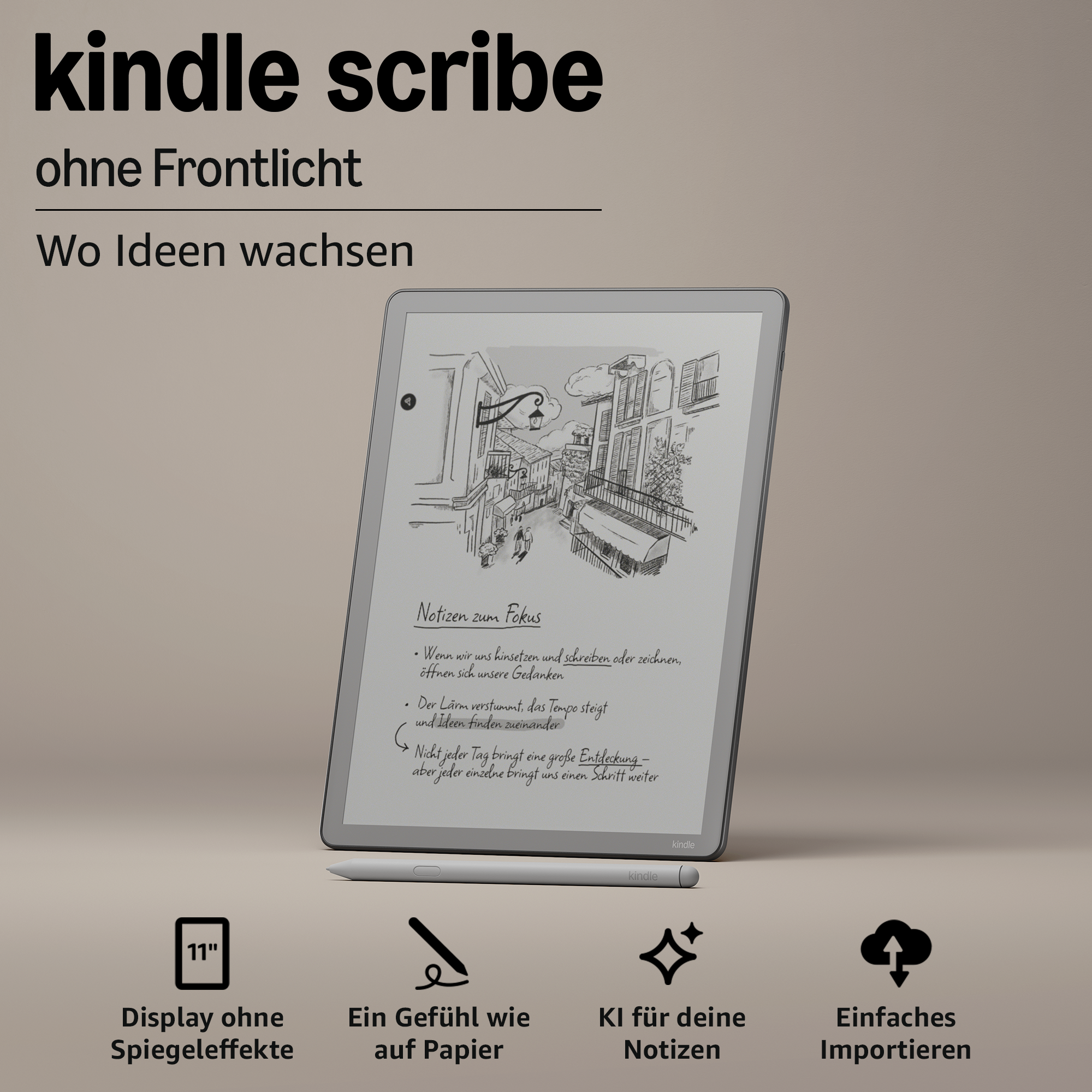Kindle Scribe mit Stift, zeigt eine Stadtansicht und Notizen.