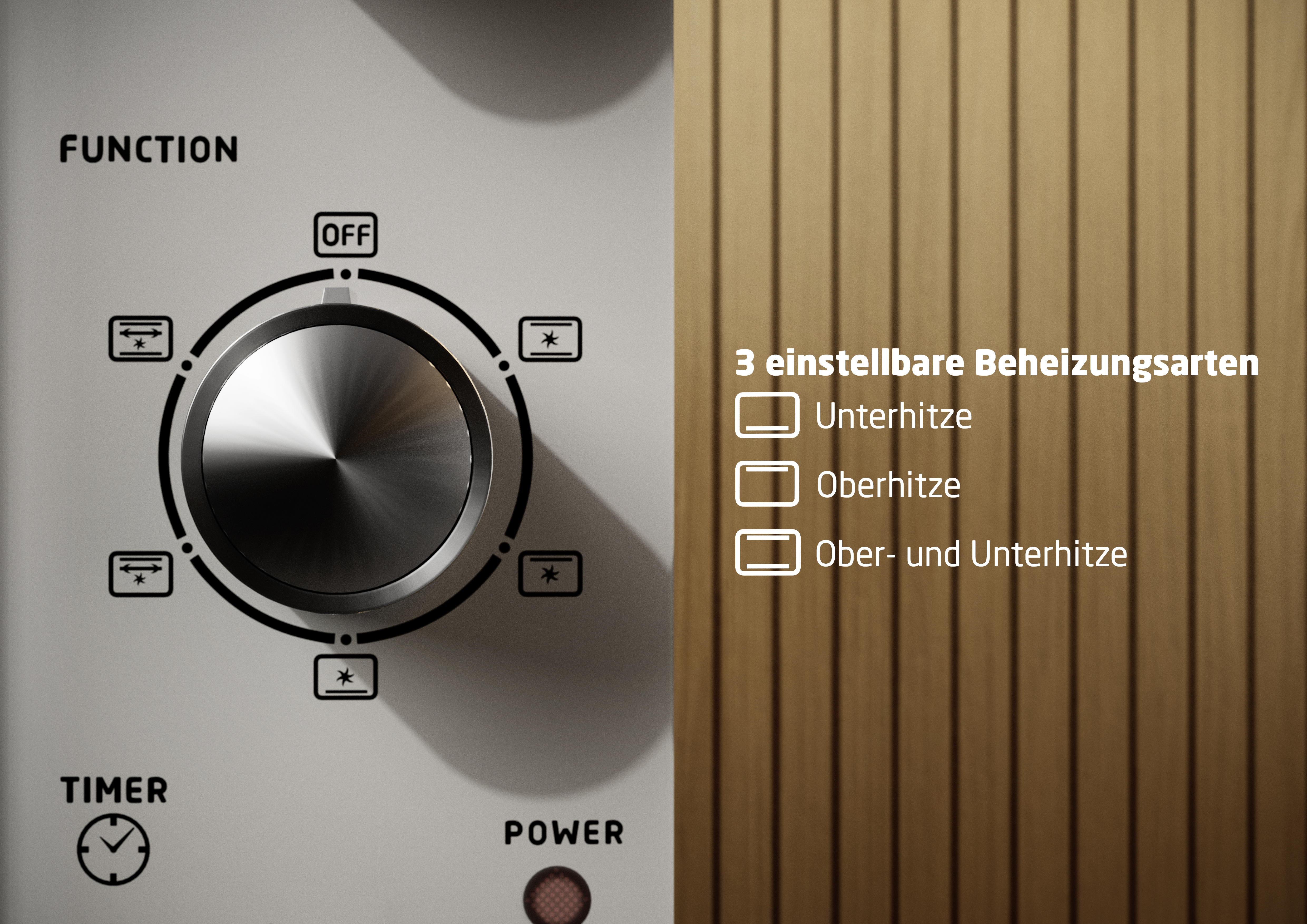 Ein Drehknopf mit Symbolen für Heizmodi und Text in deutscher Sprache.
