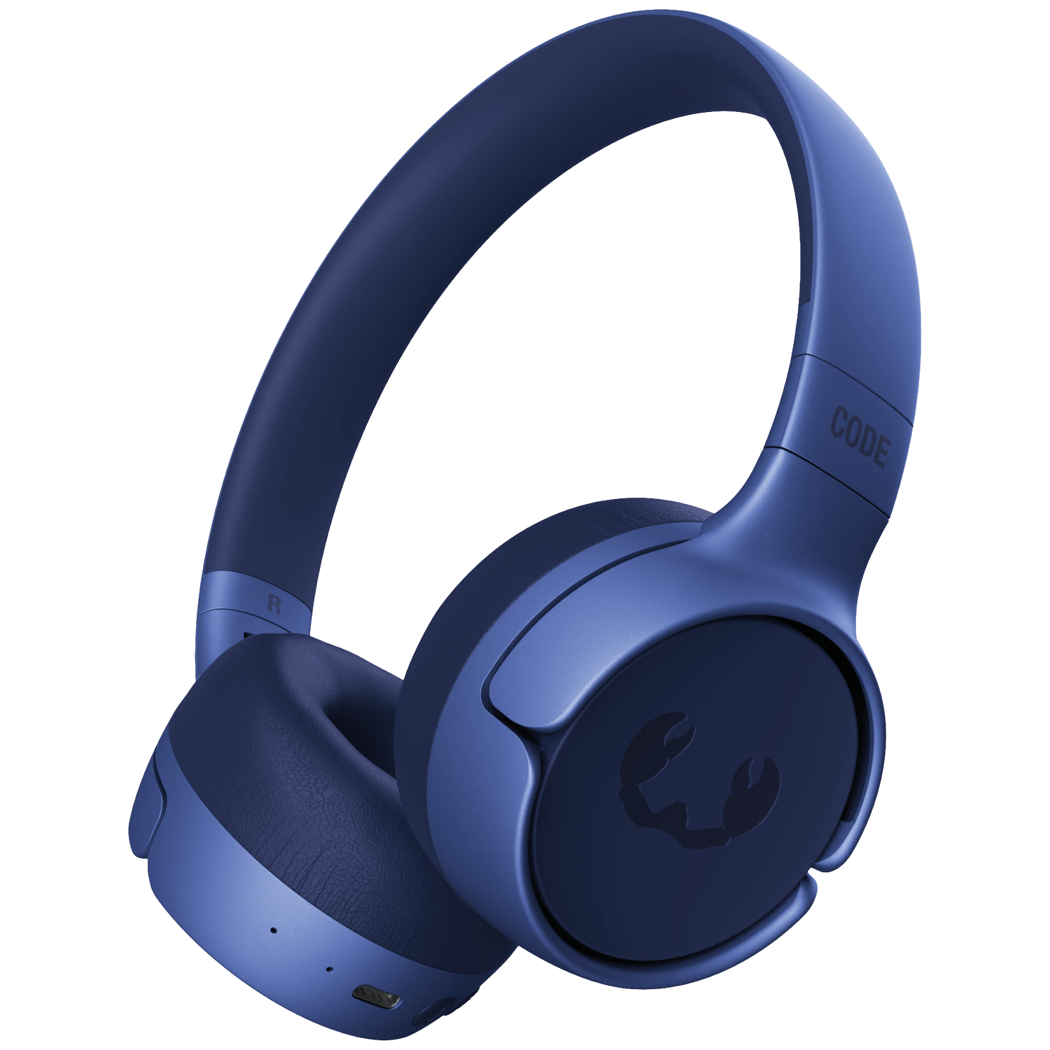 Casque bleu avec logo et inscription 'CODE' sur fond blanc.