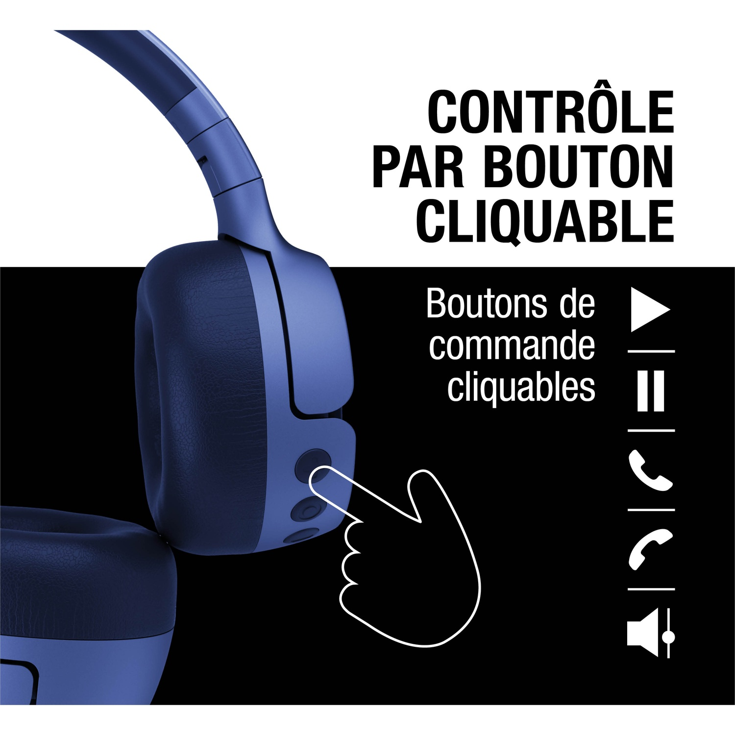 Casque bleu avec un doigt appuyant sur un bouton. Icônes lecture, pause, appel, volume.