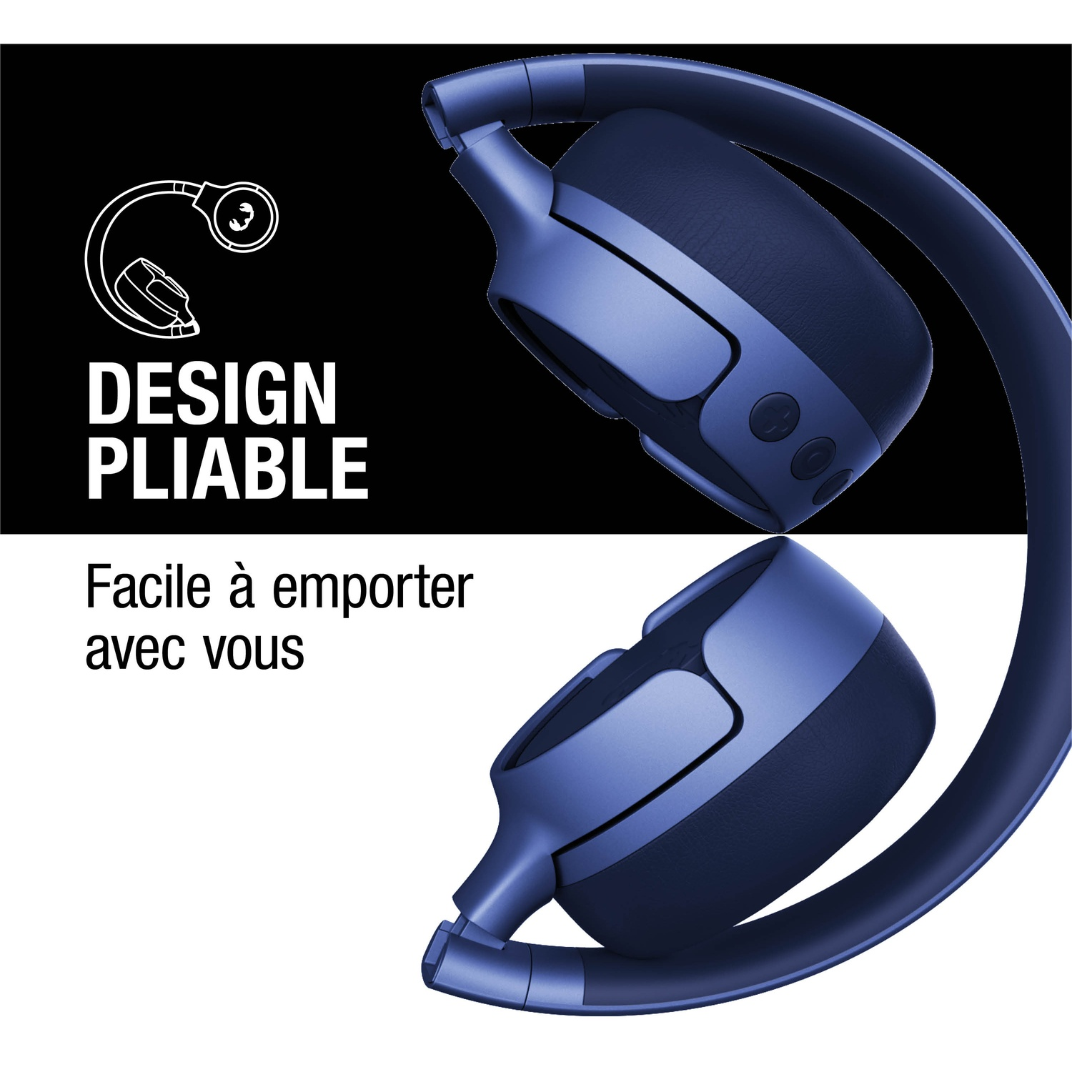Casque bleu pliable avec commandes. Texte: Design pliable. Facile à emporter.