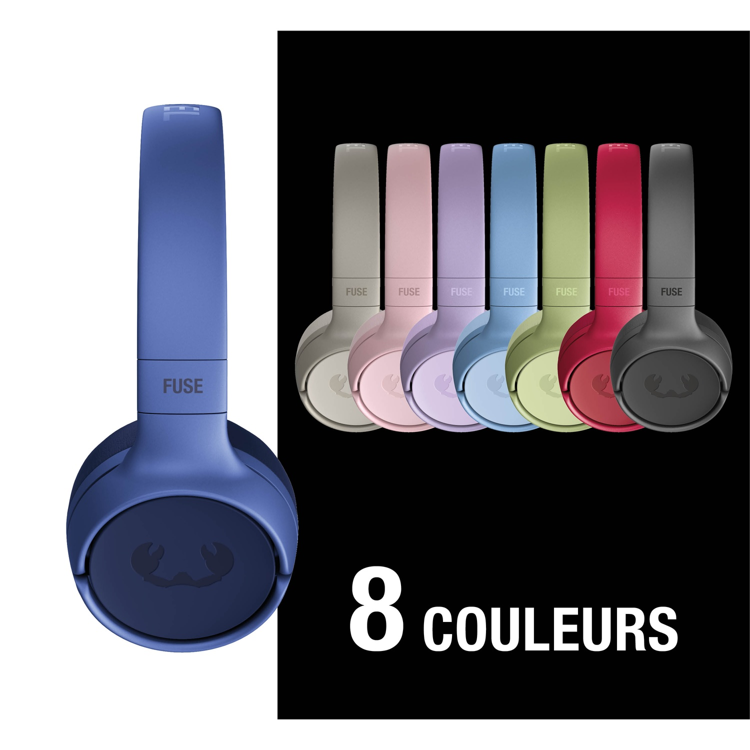 Casques présentés en huit couleurs différentes: bleu, gris, rose, violet, vert, rouge, noir.