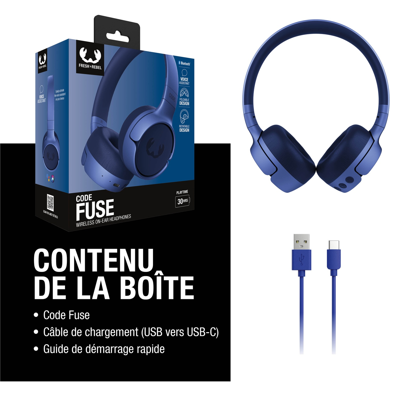 Casque et emballage bleus avec câble de chargement. Détails sur la boîte.