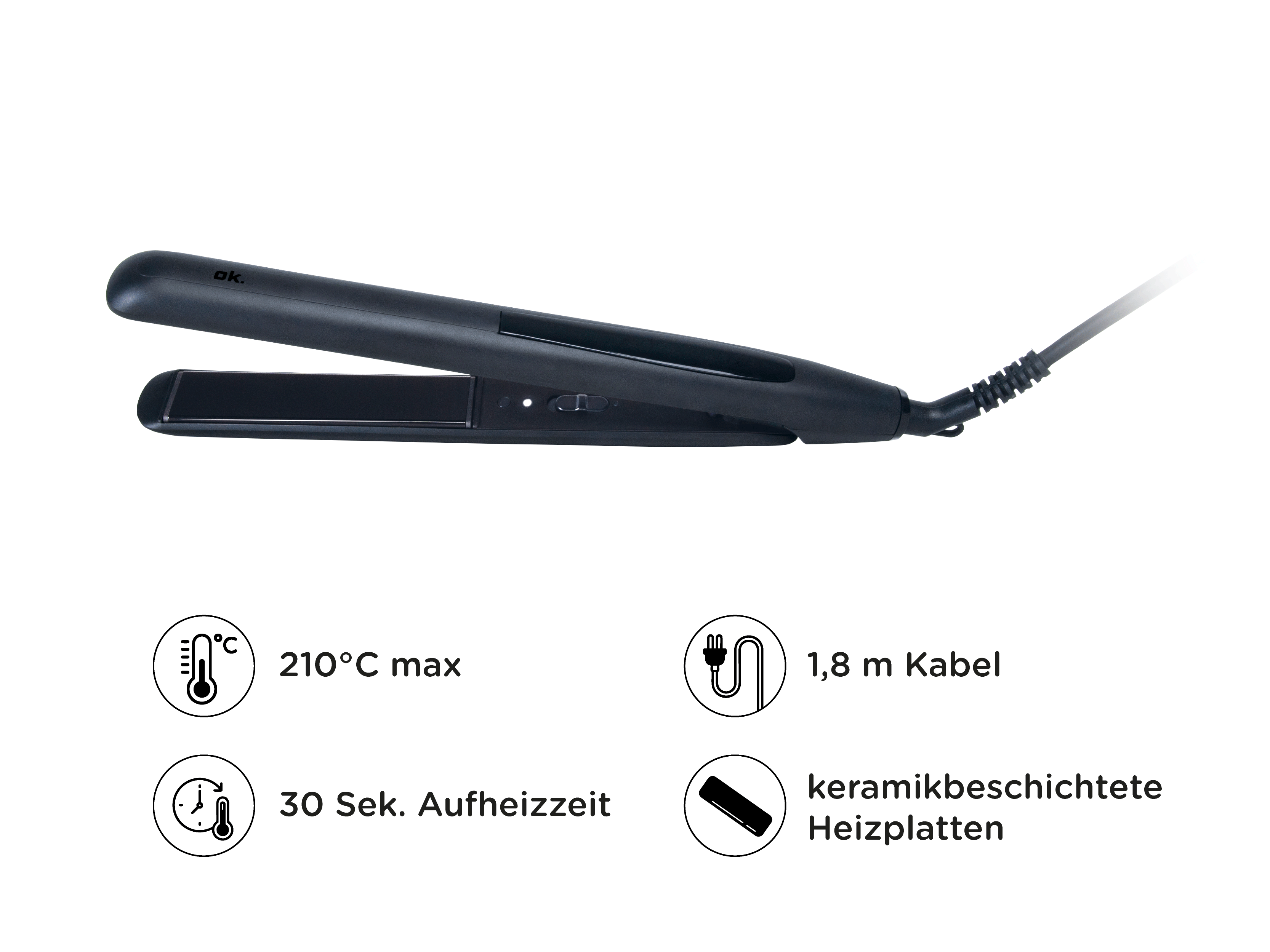 Schwarzer Haarglätter mit 210°C, 30s Aufheizzeit, 1,8m Kabel, Keramikplatten.