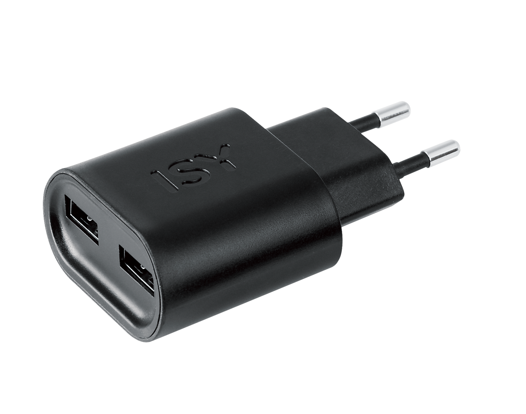 Schwarzer USB-Netzadapter mit zwei Anschlüssen und Eurostecker.