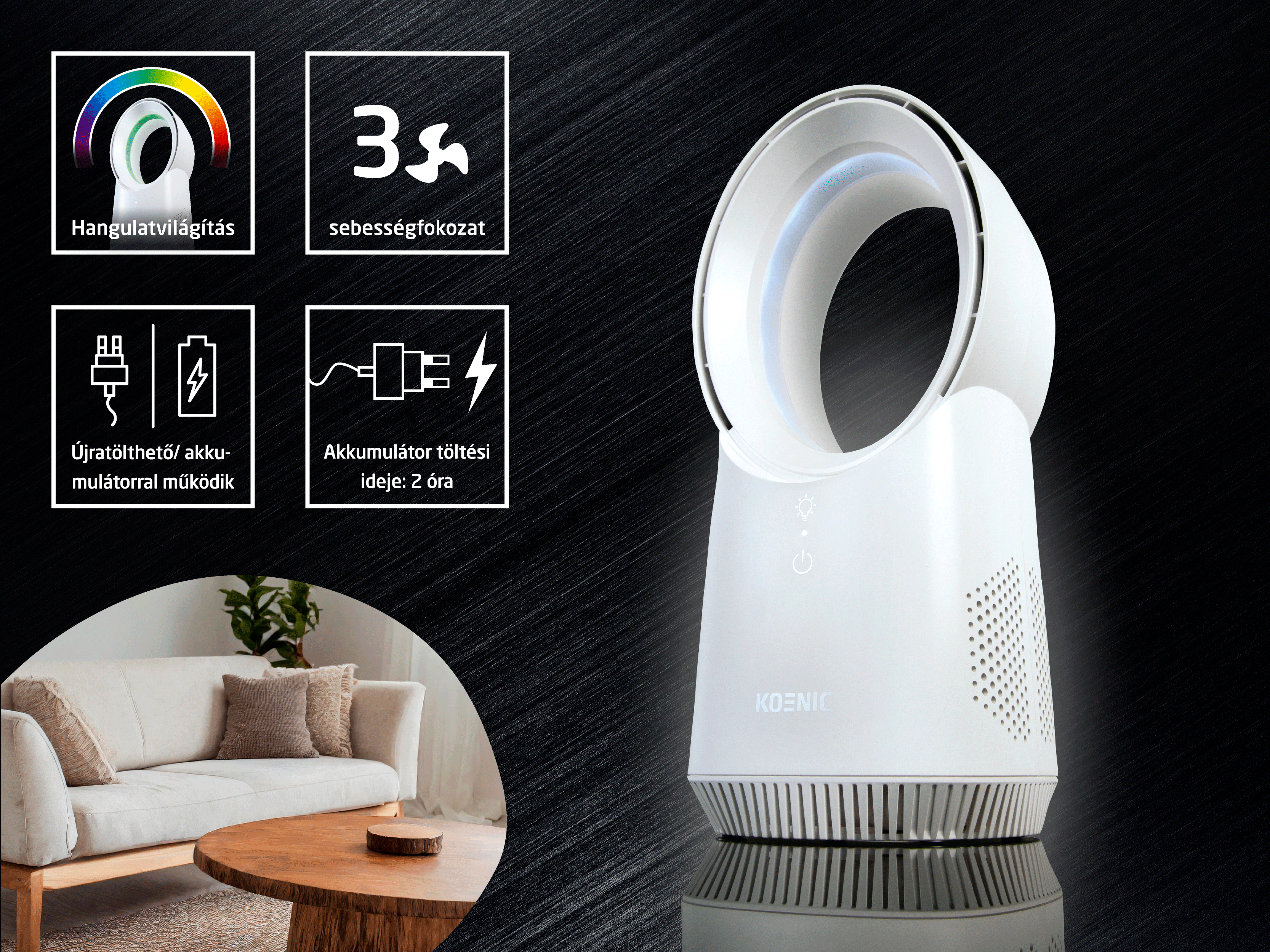 Fehér ventilátor fény-, sebesség- és töltés ikonokkal. 3 sebesség.