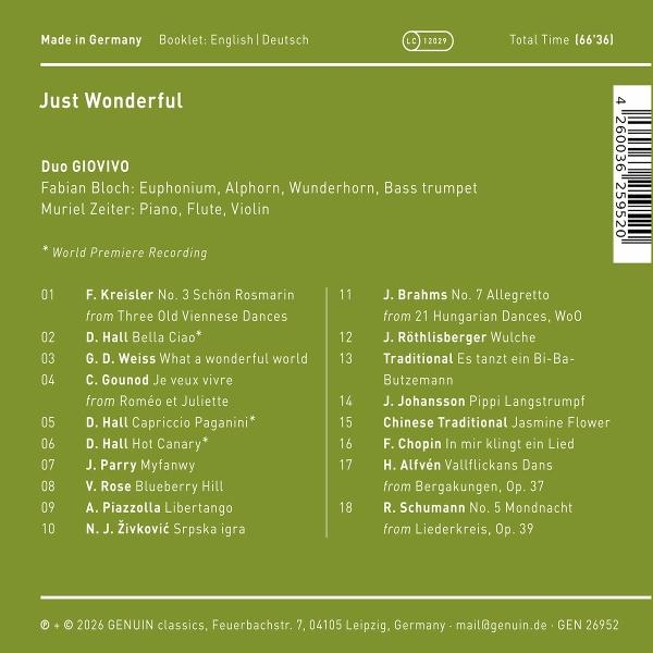 Albumcover mit Titel 'Just Wonderful', Duo GIOVIVO und Liedliste.