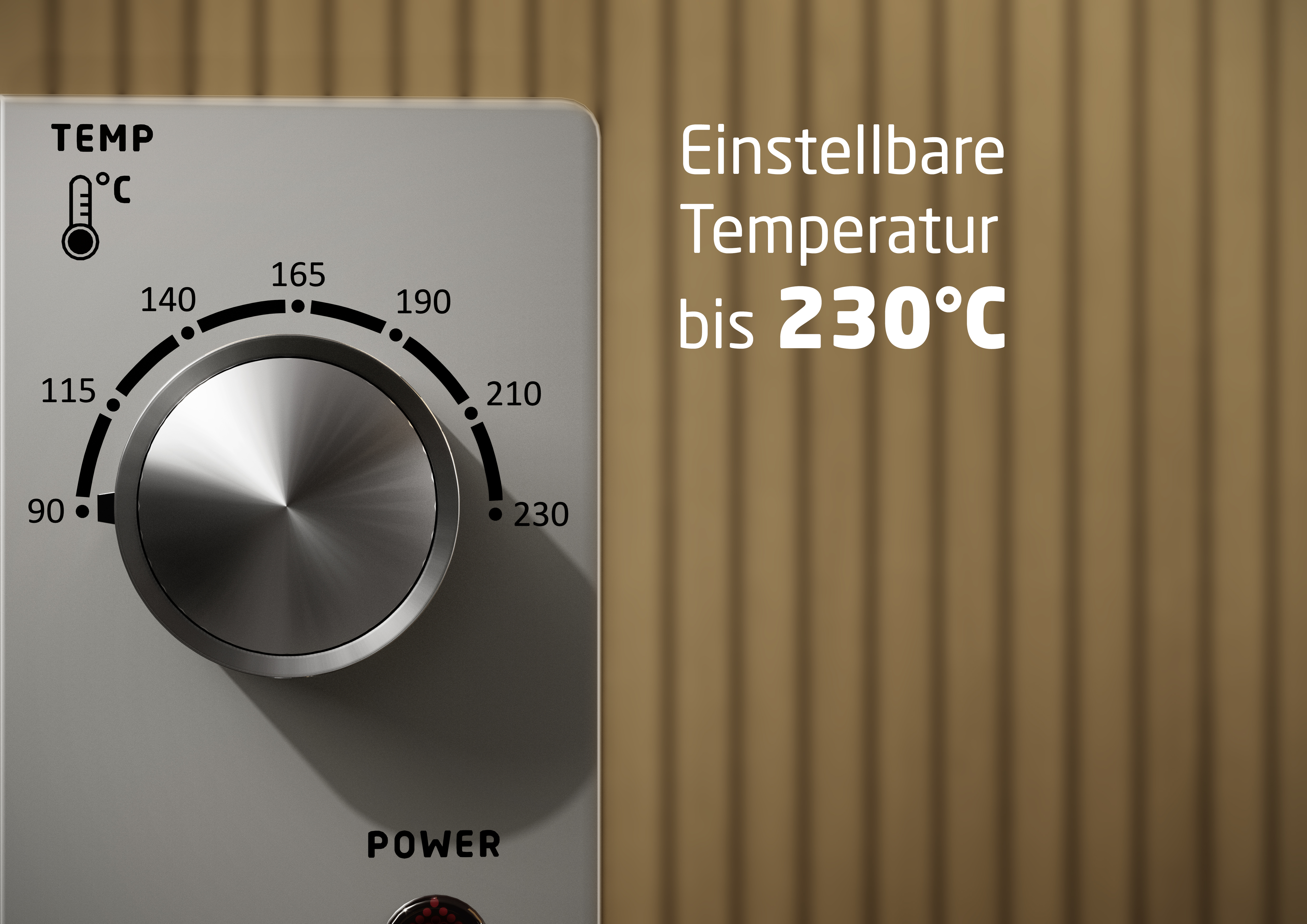 Einstellbare Temperatur bis 230°C auf einem silbernen Bedienfeld.
