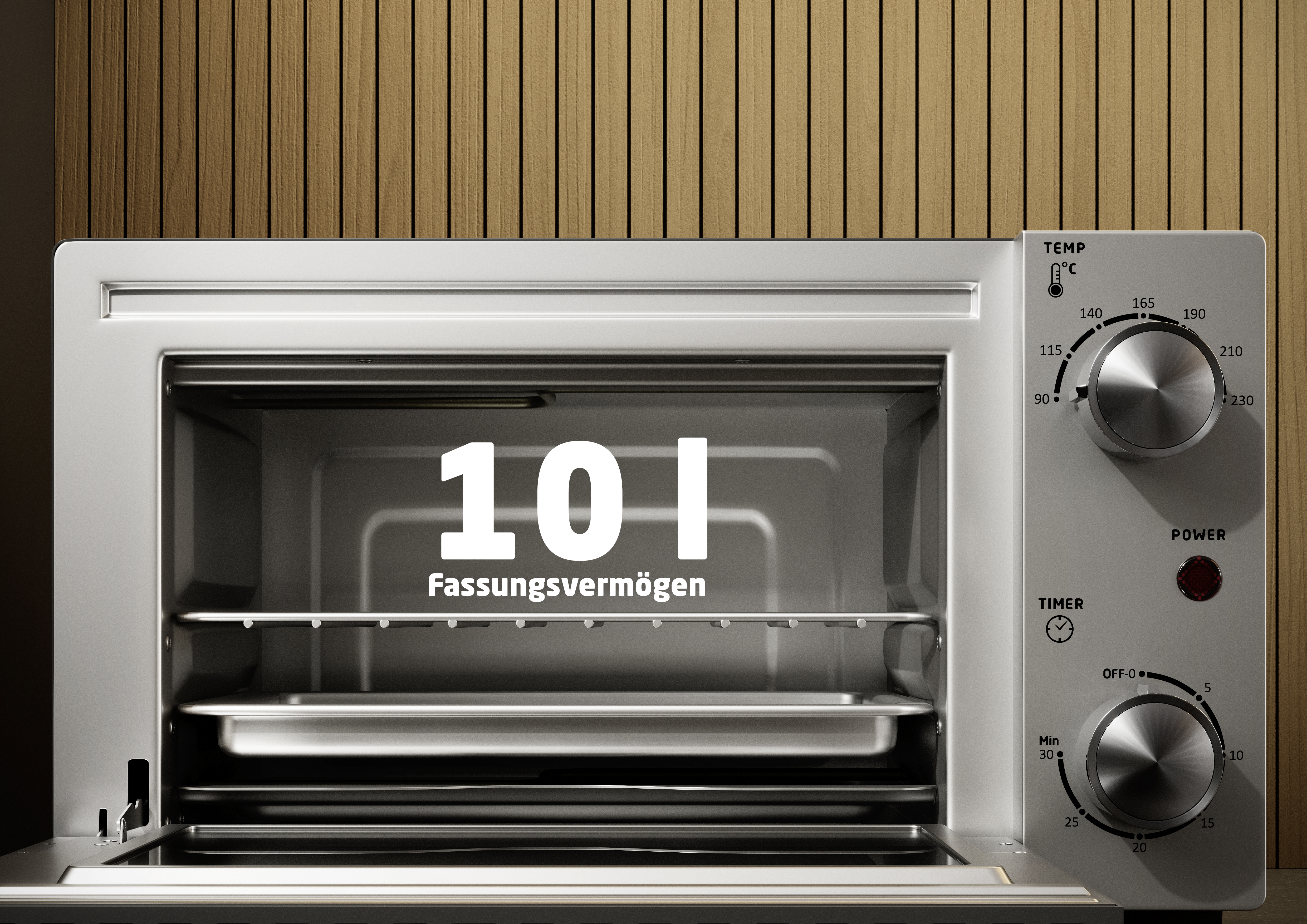Ein silberner Tischbackofen mit 10L Fassungsvermögen und Holzverkleidung.