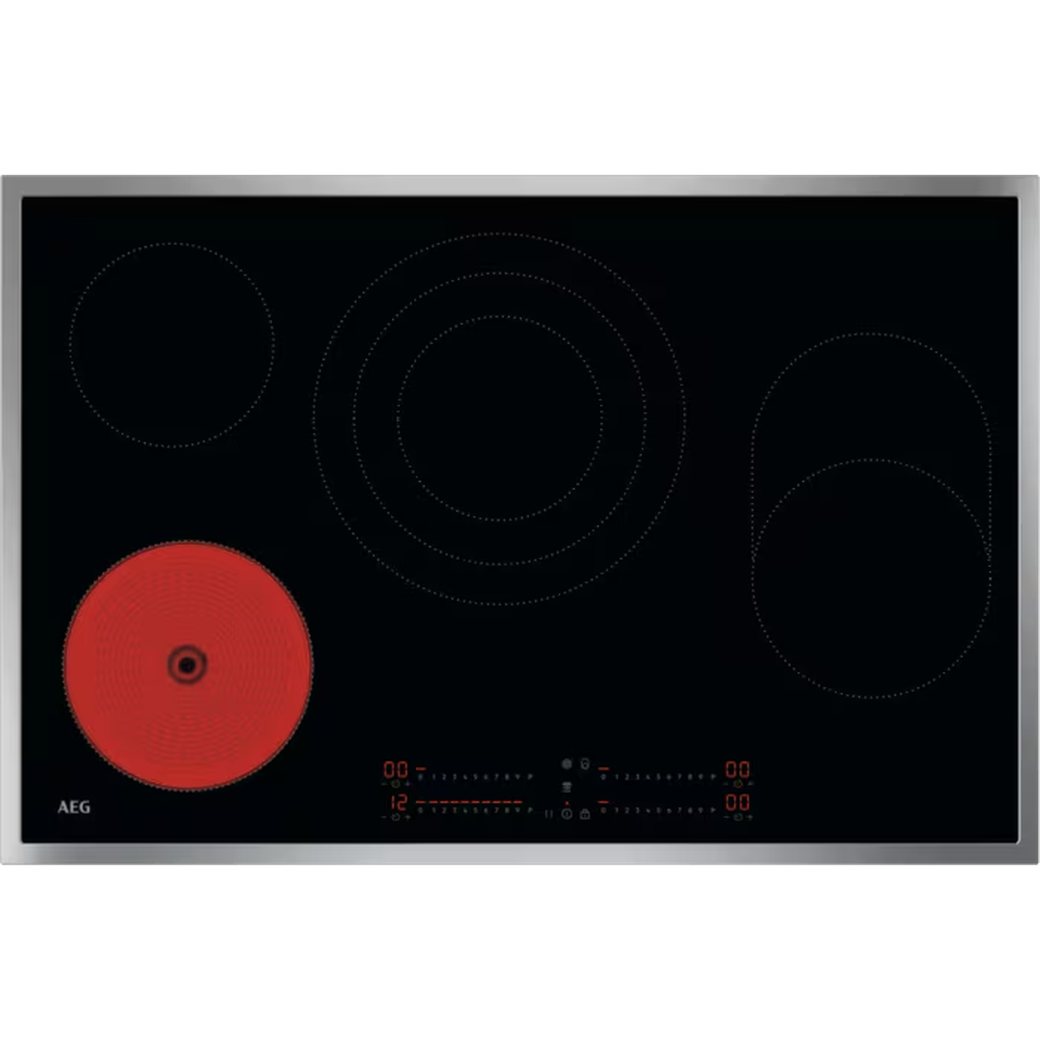 Zwart inductie kookplaat met vier zones, één gloeiend rood. Digitale display.