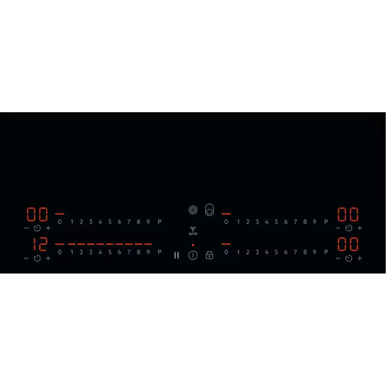 Zwart inductie kookplaat met digitale rode displays voor twee zones.