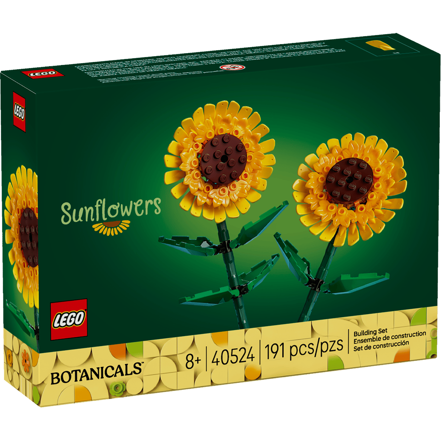 Boîte du set de construction LEGO Tournesols avec deux tournesols jaunes et feuilles vertes.