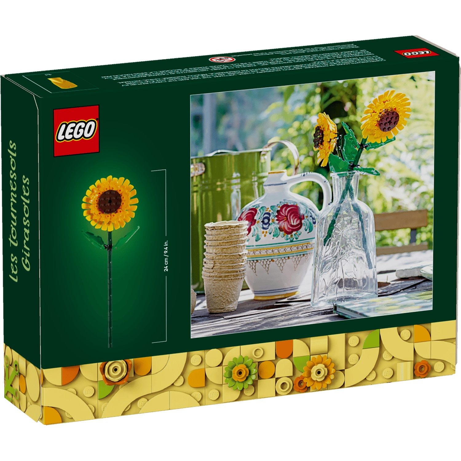 Set LEGO Tournesols sur boîte verte avec vase et fleurs.