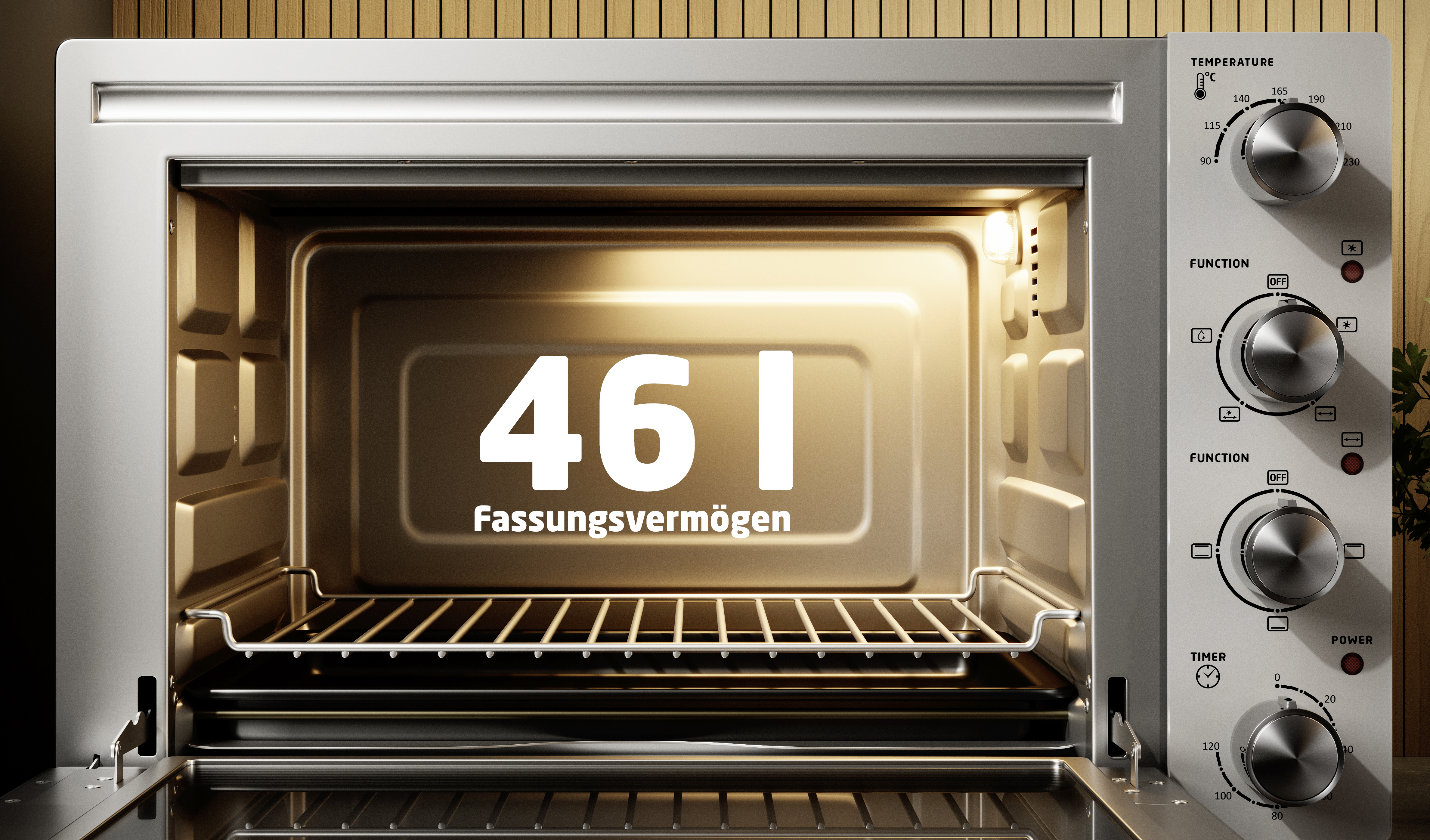 Ein offener, silberner Einbauofen mit 46 Litern Fassungsvermögen, innen beleuchtet.