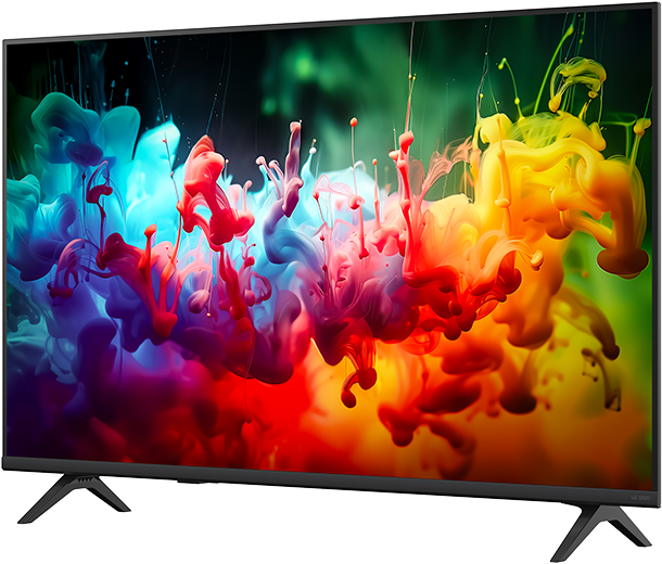 Egy modern TV absztrakt képet mutat, színes tinta oldódik vízben, élénk és dinamikus.