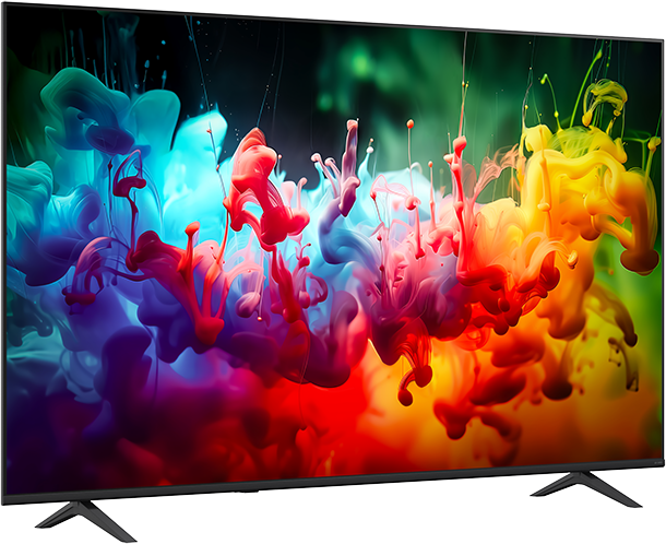 Egy modern televízió színes, örvénylő tinták absztrakt képét mutatja.
