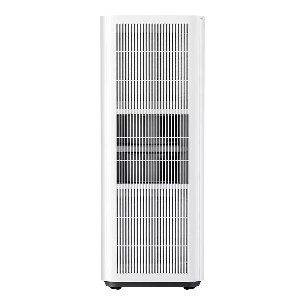 Fehér, téglalap alakú légtisztító függőleges szellőzőkkel és sötét ventilátorral.