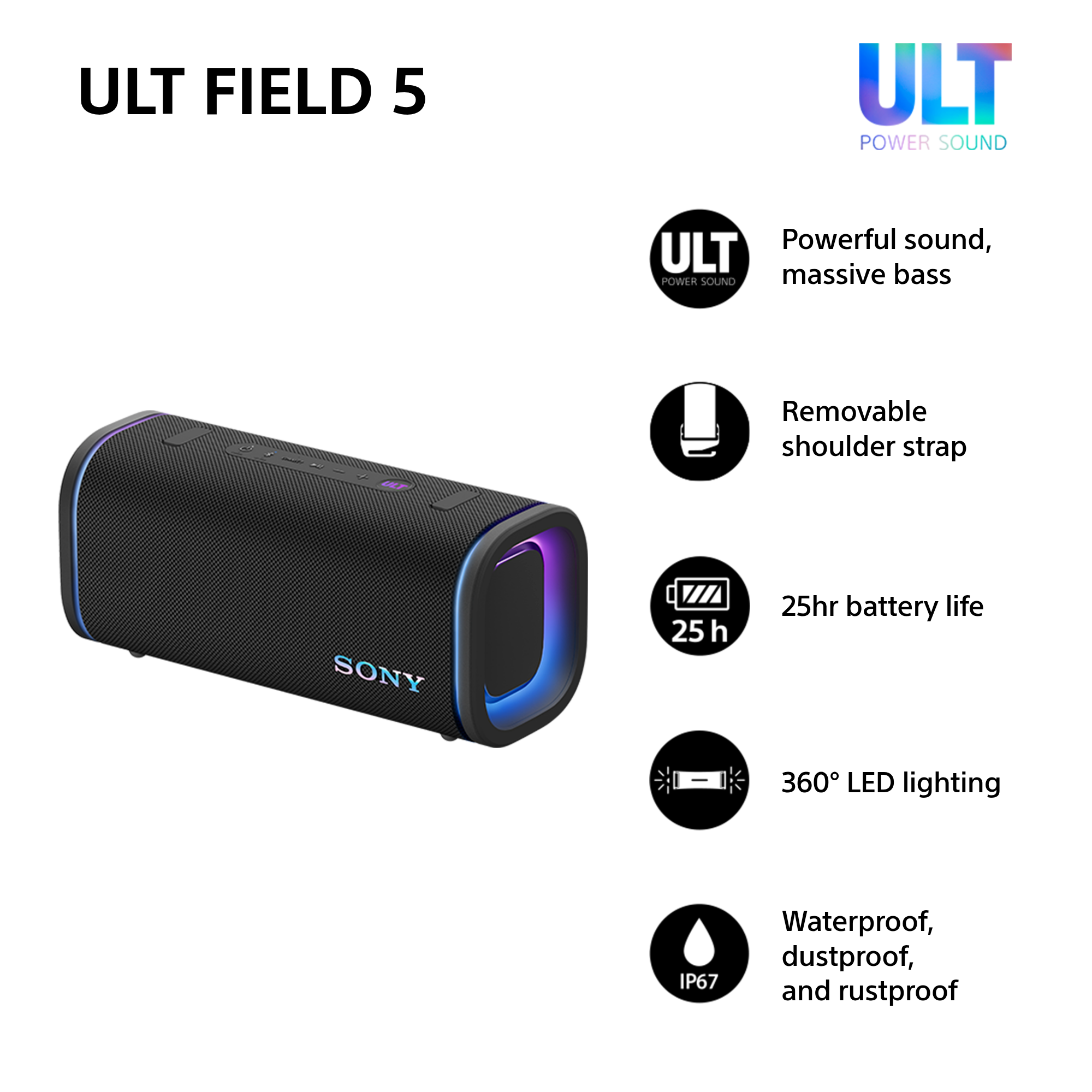 Schwarzer Sony ULT FIELD 5 Lautsprecher mit LED-Beleuchtung und Merkmalen.