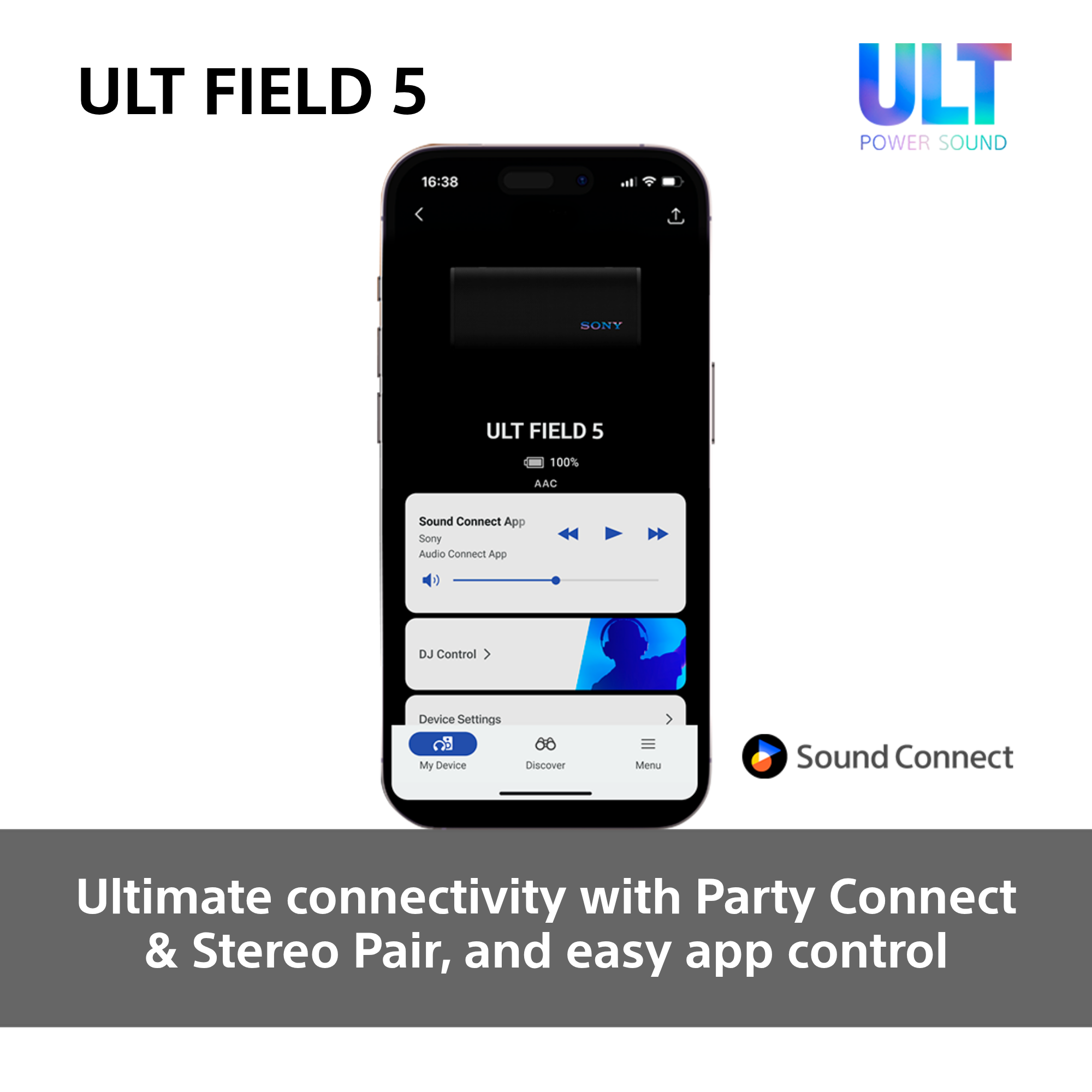 Ein Smartphone zeigt die ULT FIELD 5 App mit Lautstärkeregelung und DJ-Steuerung.