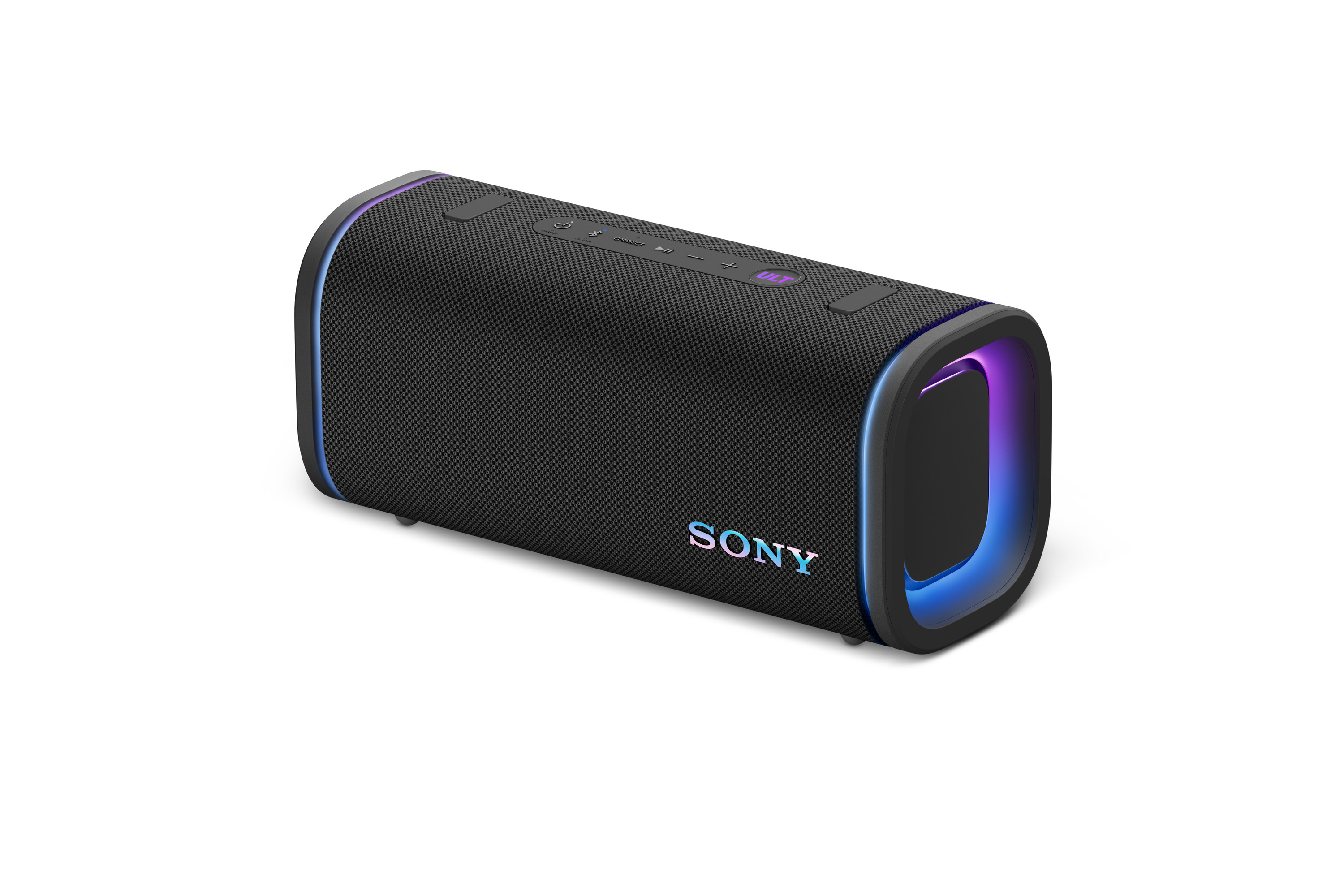 Schwarzer Sony Lautsprecher mit bunten Lichtern an den Seiten und dem Sony-Logo.