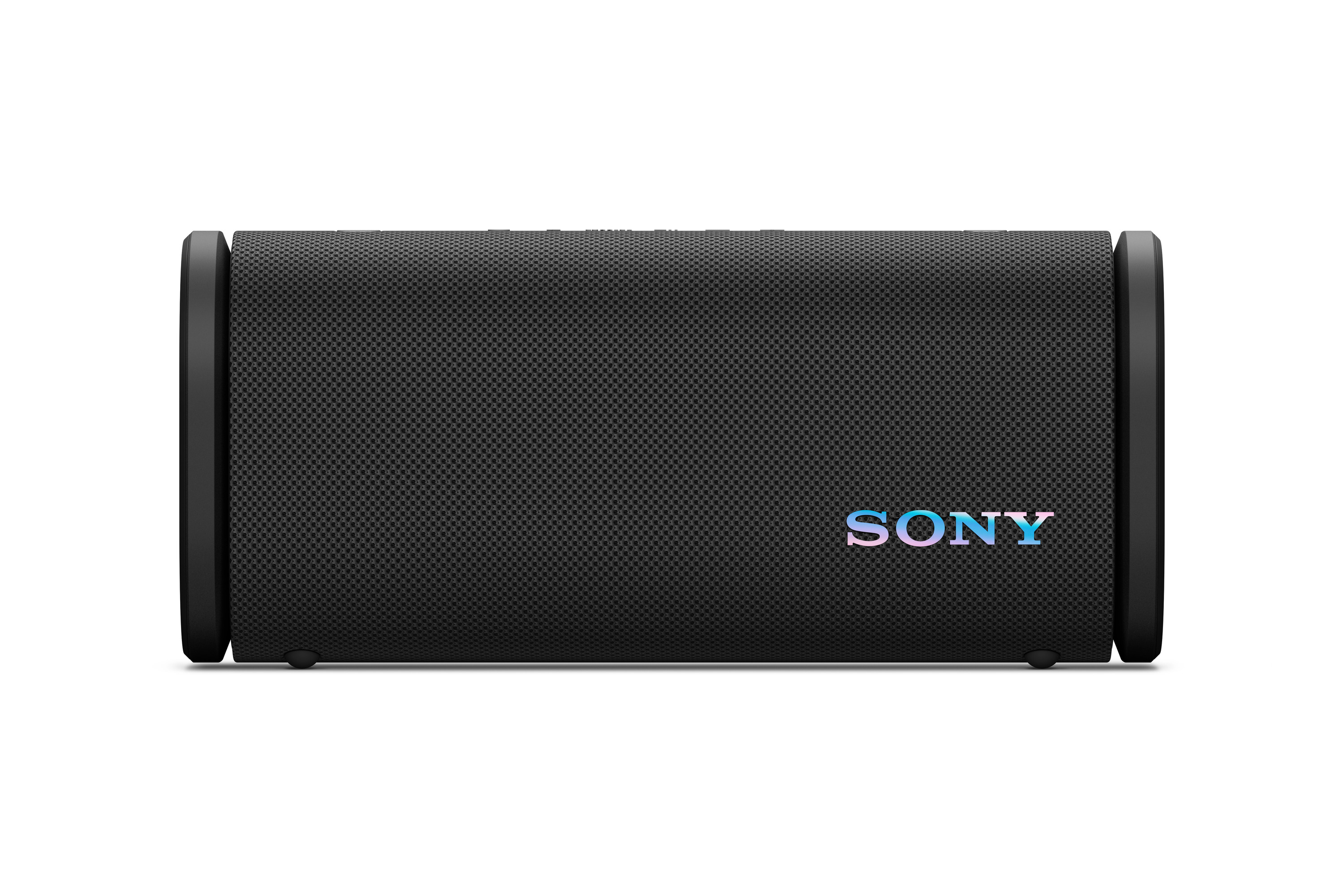 Schwarzer Sony Lautsprecher mit holografischem Logo auf weißem Hintergrund.