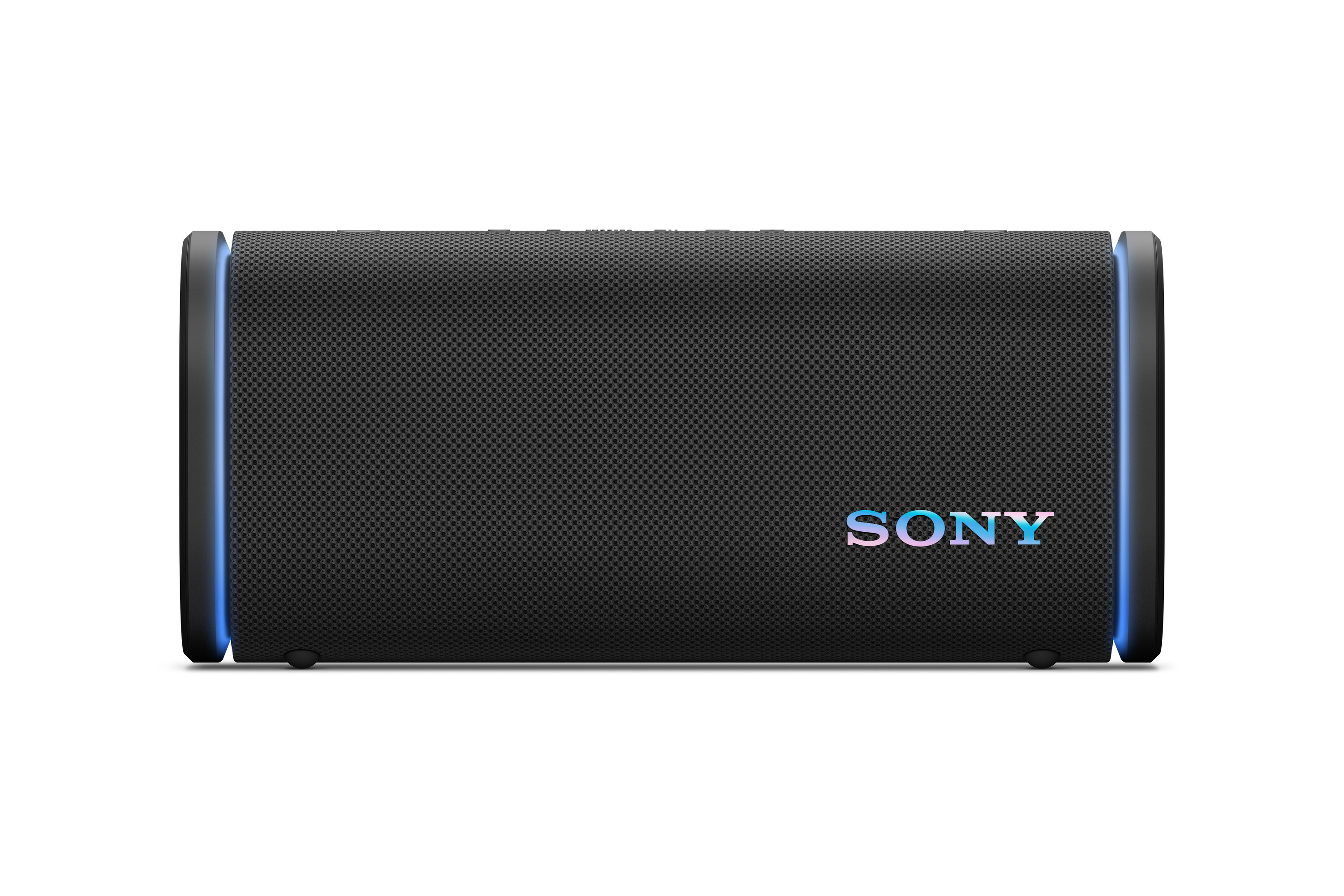 Schwarzer Sony Lautsprecher mit blauen Lichtern an den Seiten und buntem Sony Logo.