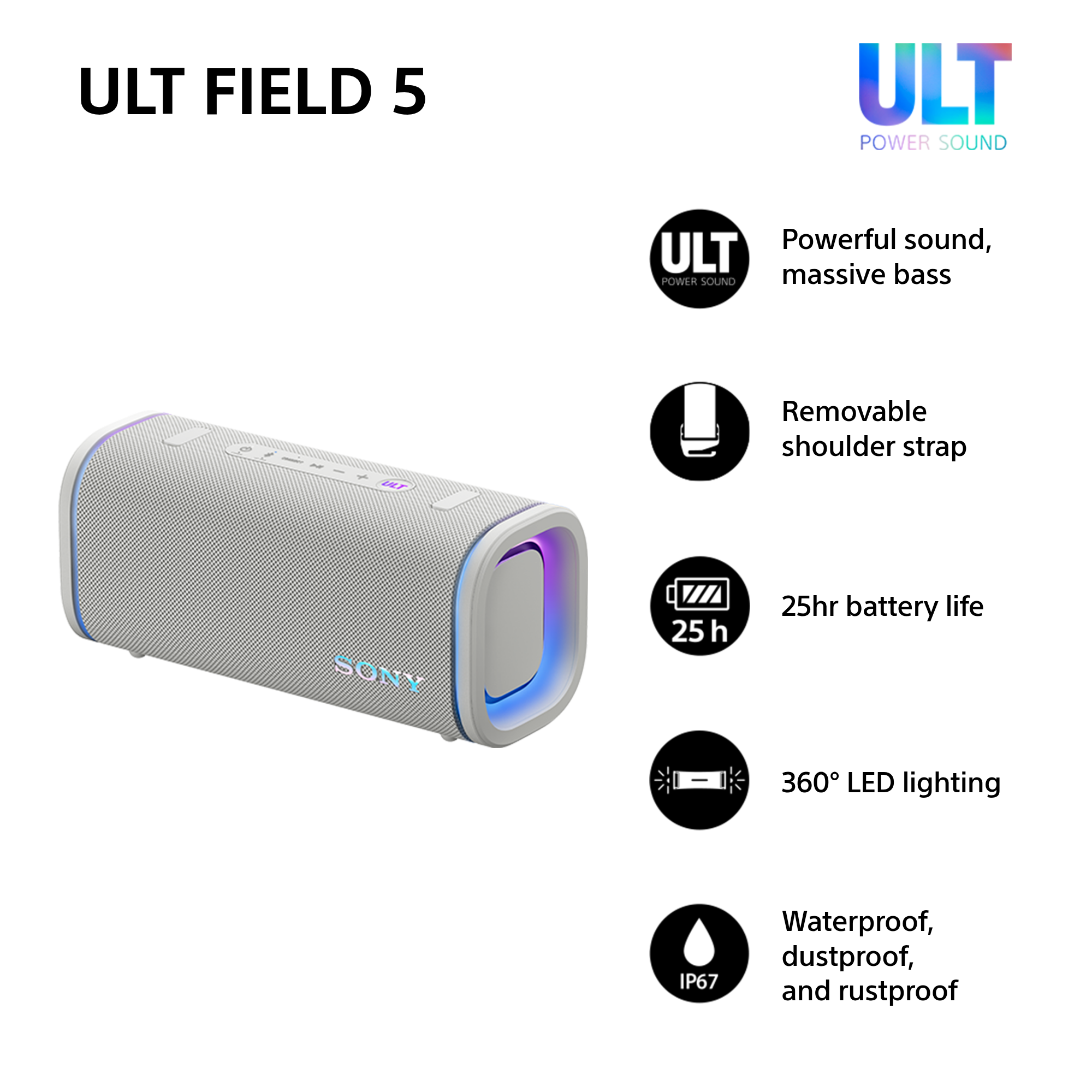 Altoparlante Sony ULT FIELD 5 grigio con illuminazione blu e funzioni.