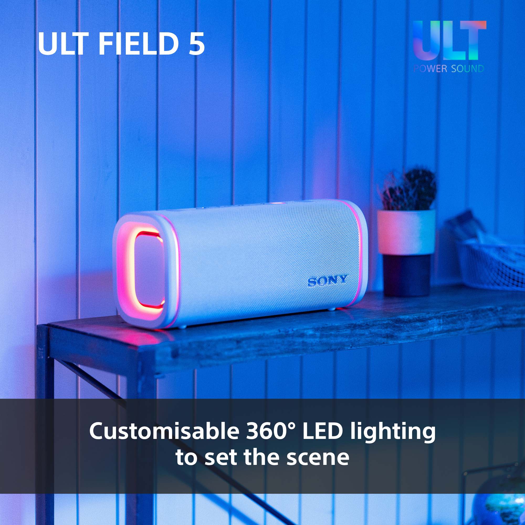 Altoparlante Sony bianco con illuminazione LED 360° personalizzabile su scaffale.