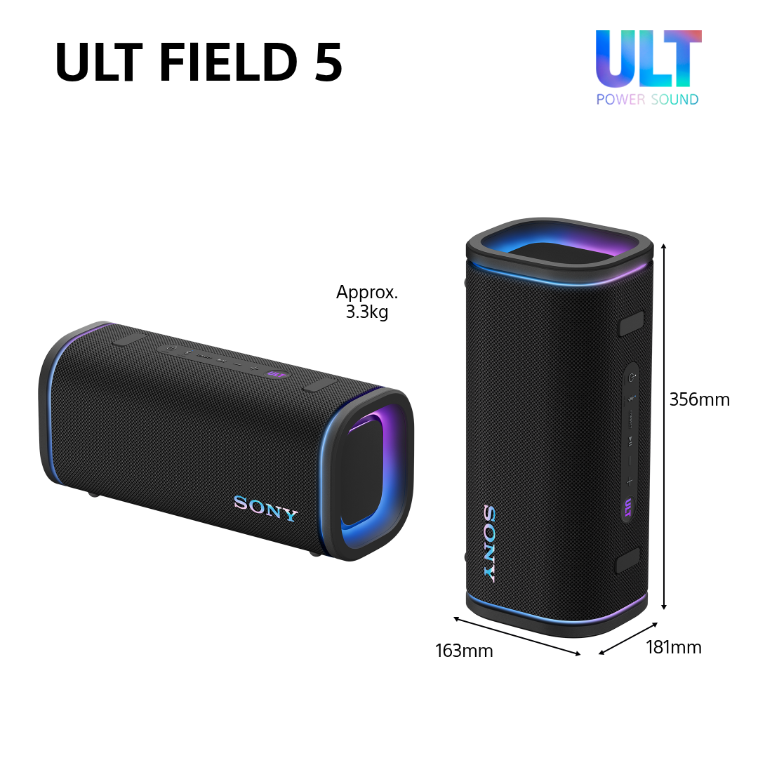 Altoparlante Sony ULT FIELD 5, nero, circa 3,3 kg. Dimensioni indicate.