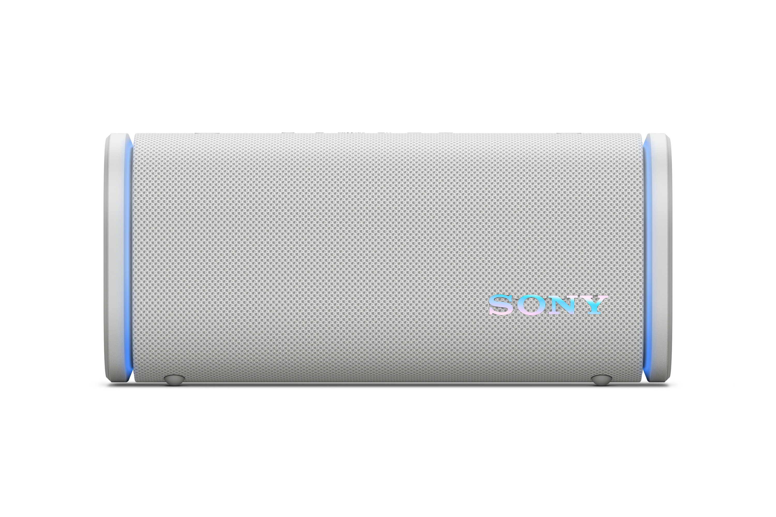 Altoparlante Sony bianco con luci blu e logo Sony pastello frontale.