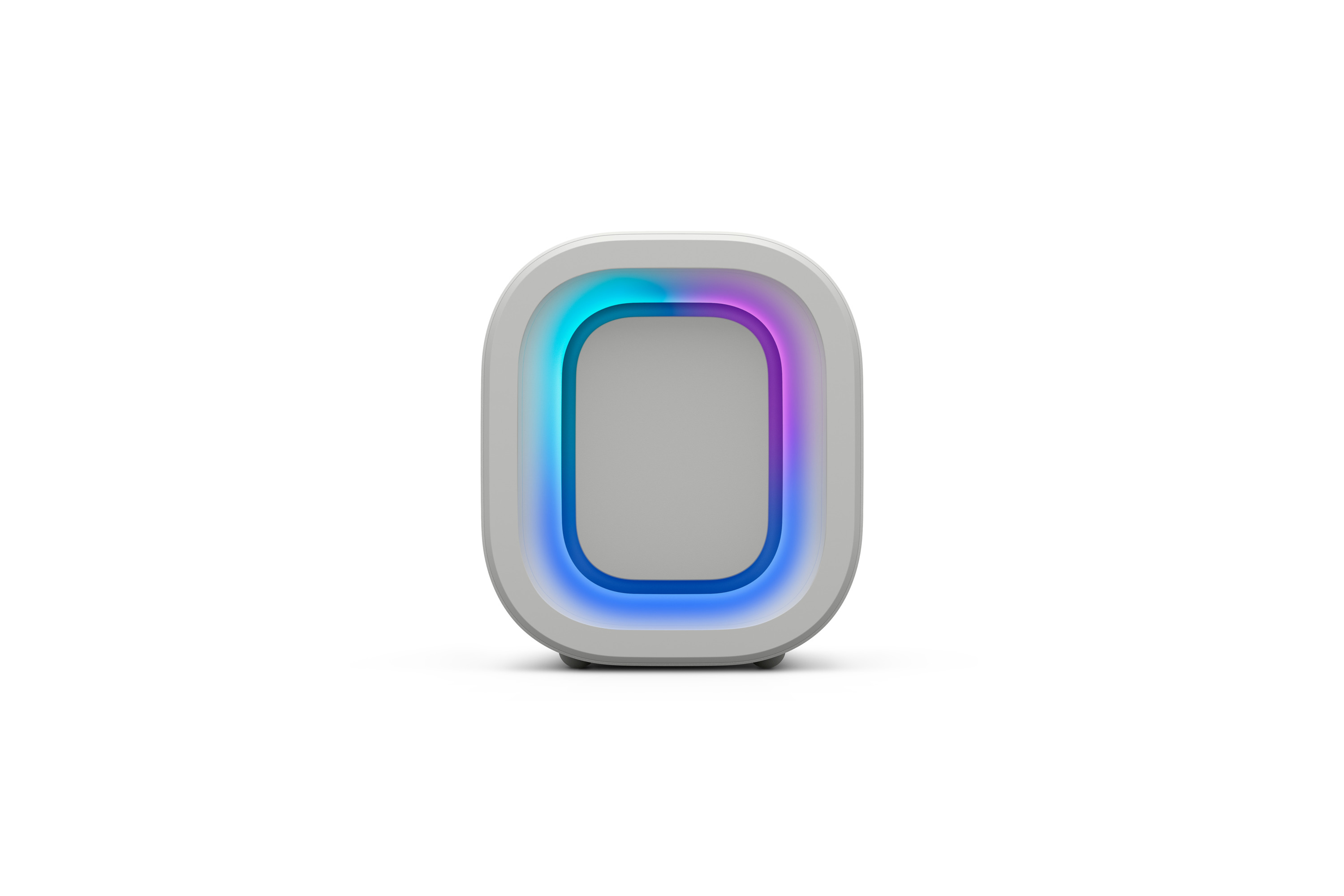 Un dispositivo grigio rettangolare con angoli arrotondati e un bordo illuminato blu e viola.